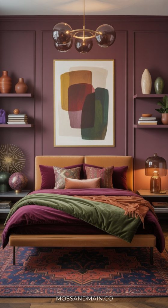 A modern bedroom with plum-colored walls, a tan bed frame, layered bedding in purple, green, and orange, an abstract painting above the bed, shelves with decor, and a contemporary chandelier—perfect inspiration for burgundy bedroom ideas.