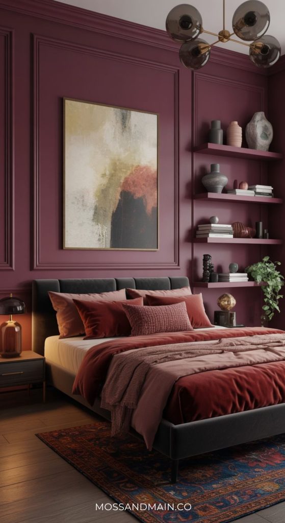 A stylish bedroom with dark berry-colored walls, a modern bed with rust and rose bedding, matching pillows, a multicolor rug, abstract art above the bed, and built-in shelves—perfect inspiration for chic burgundy bedrooms.