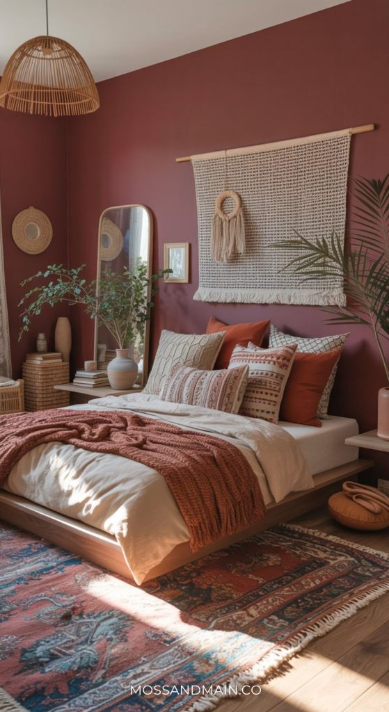 Cozy burgundy bedroom with a low wooden bed, rust-colored bedding, and patterned pillows. Deep red walls hold woven hangings and a round mirror. Plants, a woven lamp, and a colorful rug add warmth—perfect for those seeking burgundy bedroom ideas.