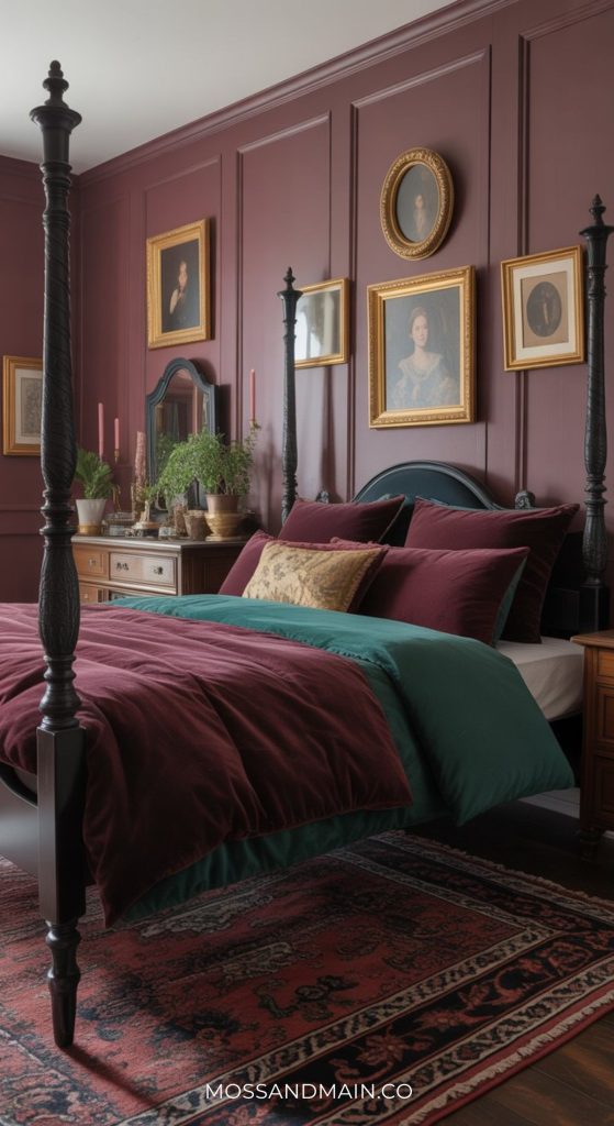 A cozy burgundy bedroom with paneled walls, a dark wood four-poster bed dressed in burgundy and teal bedding, classic portrait paintings, vintage rug, and candle accents—a perfect inspiration for elegant burgundy bedroom ideas.