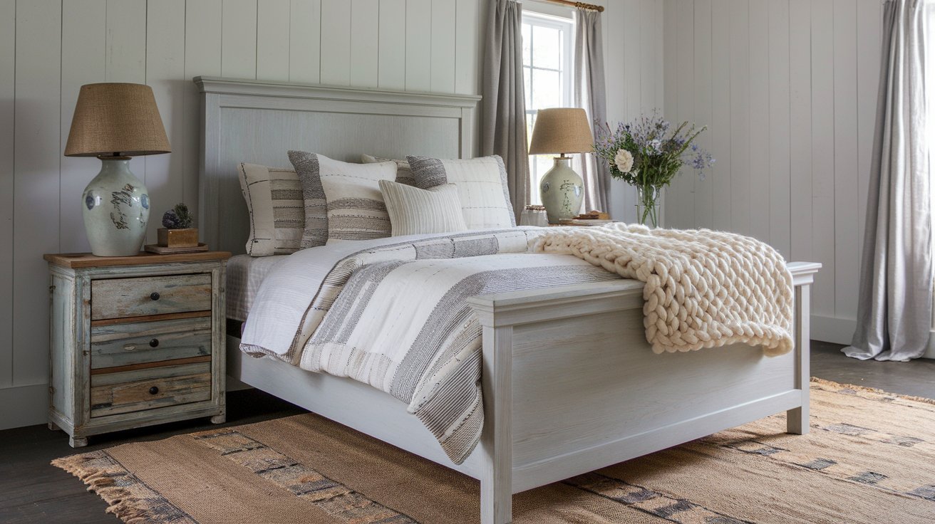 A cozy bedroom with a rustic wooden bed, adorned with striped pillows and a chunky knit throw. Two vintage nightstands flank the bed, each with a lamp casting a soft glow. A vase of flowers blooms by the window, while a woven rug complements the dark wood floor—perfect for gray bedroom ideas.