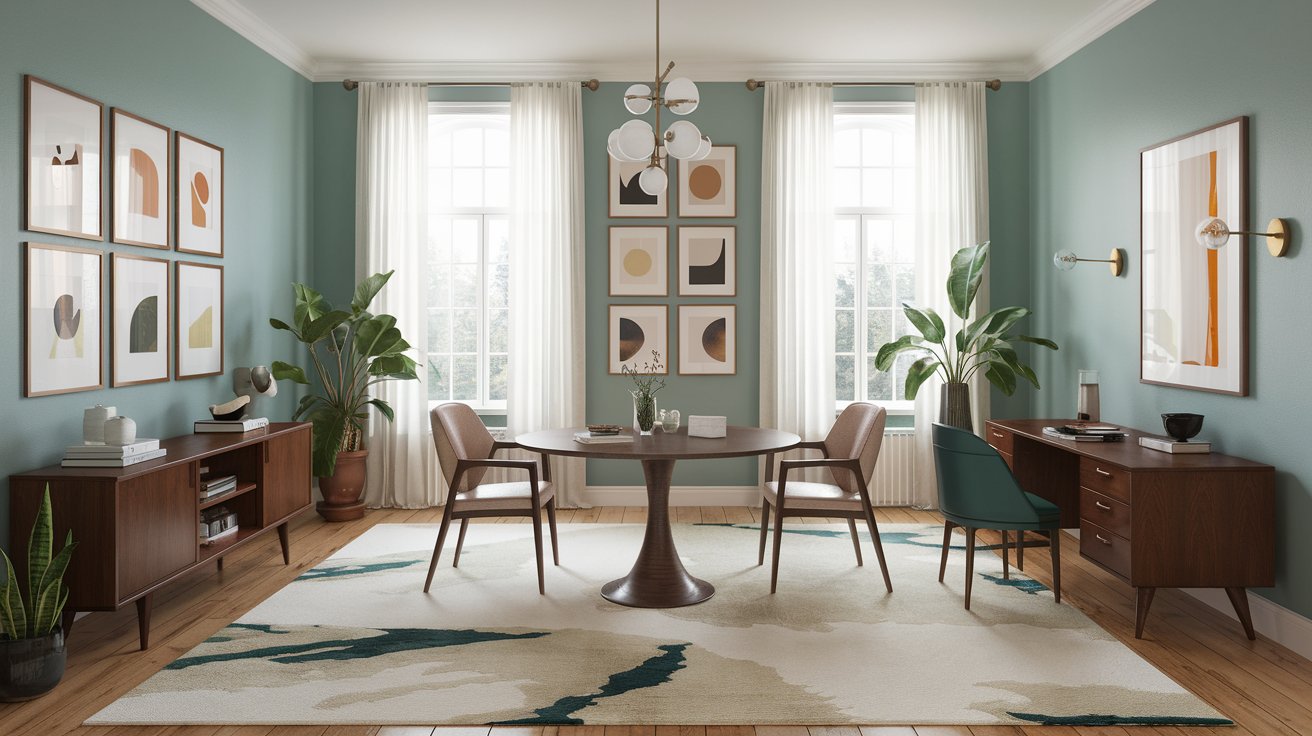 A modern dining room with teal walls features a round wooden table perfect for transforming into a home office for two. Four chairs, large windows with sheer curtains, and art pieces adorn the space. A patterned rug covers the floor, while mid-century furniture adds character amidst the plants.
