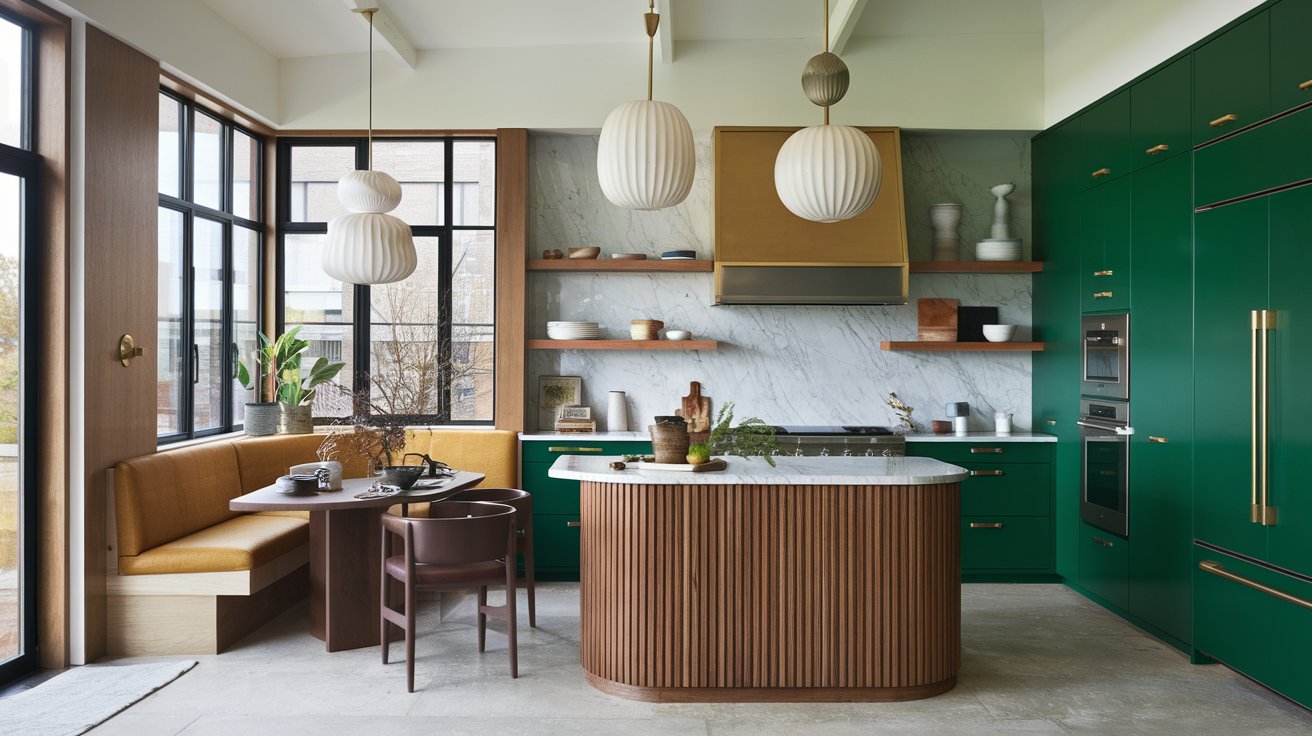Modern kitchen design trends shine with green cabinets, brass accents, and a white marble backsplash. A wooden island with a marble top is centered under two pendant lights. The cozy nook features a wooden table, brown chairs, and gold cushioned seating by large windows.
