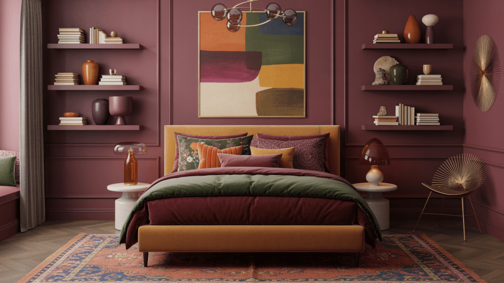 A stylish bedroom with deep plum walls showcases chic burgundy bedroom ideas, featuring a tan bed frame, colorful pillows, abstract painting, modern side tables, unique lamps, shelves with books and vases, and a patterned rug on a dark wood floor.