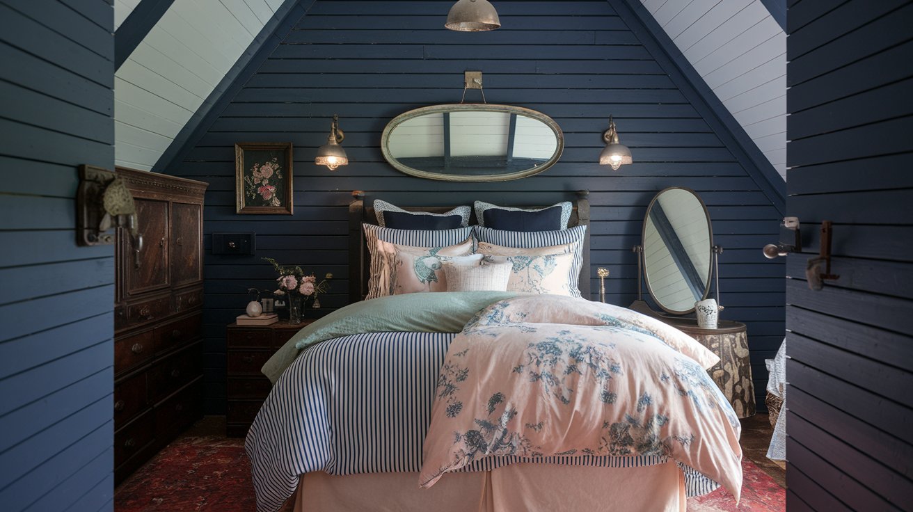 A cozy attic bedroom exudes dark CottageCore charm with navy blue wood-paneled walls and a peaked ceiling. Centered is a bed adorned with floral comforter and striped sheets under an oval mirror. Vintage lamps enhance the rustic ambiance, while a dresser and round mirror provide elegance on the sides.