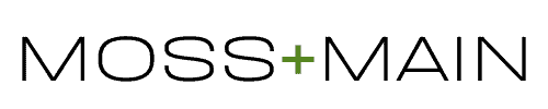 The image shows the text MOSS + MAIN with the plus sign in green and the rest of the text in black against a dark background.