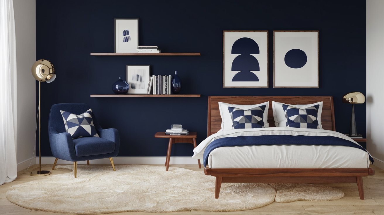 Discover transformative design ideas in this modern navy blue bedroom. Featuring a striking dark blue accent wall, two framed abstract artworks, a wooden bed with geometric-patterned pillows, and a cozy blue armchair. Wooden shelves neatly house books and decor above a plush round beige rug.