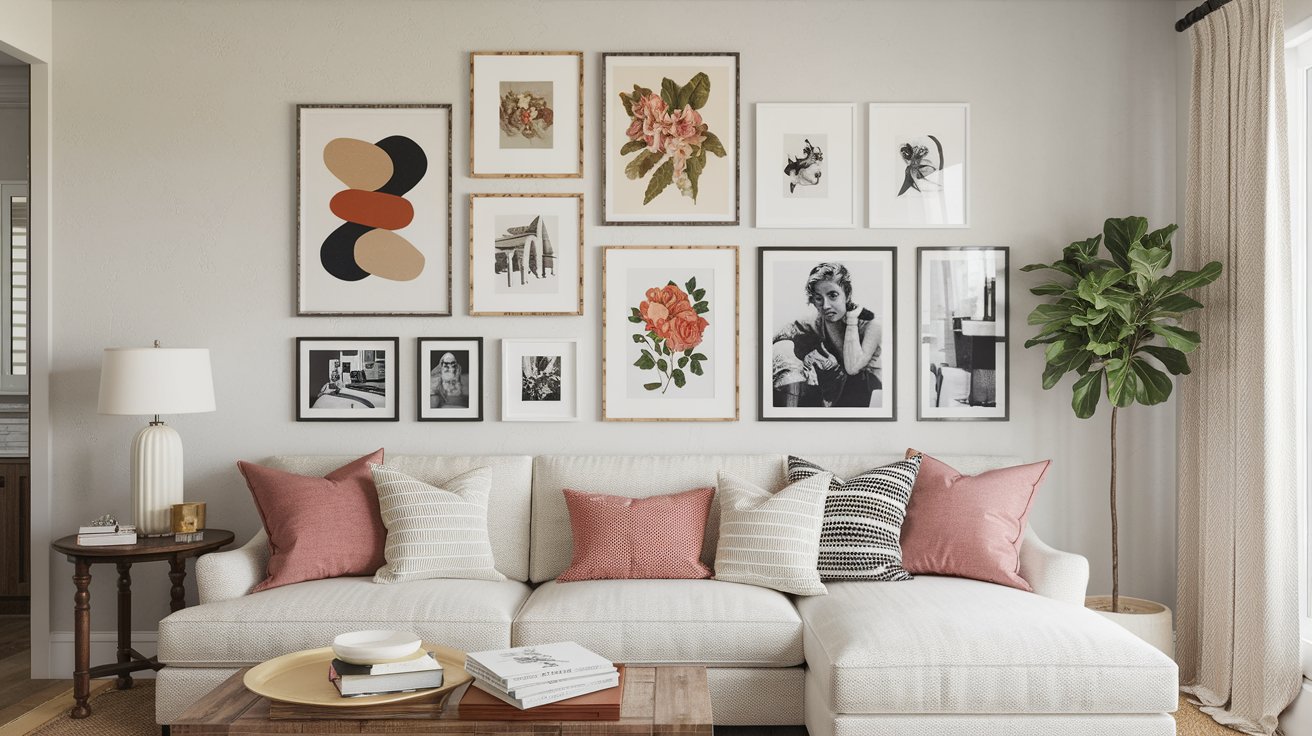 A cozy living room features a white sectional sofa with pink and striped cushions. A beautiful wall art gallery displays various pieces and photos. A wooden coffee table holds books, and a potted plant stands in the corner, next to a side table adorned with a lamp.