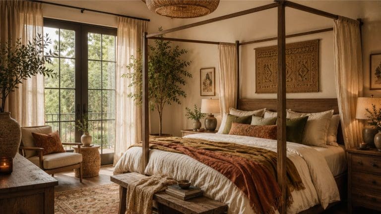 A cozy, sunlit earthy boho bedroom with a wooden canopy bed, earth-toned bedding, rustic furniture, potted plants, woven decor, and large windows with sheer curtains overlooking greenery outside.