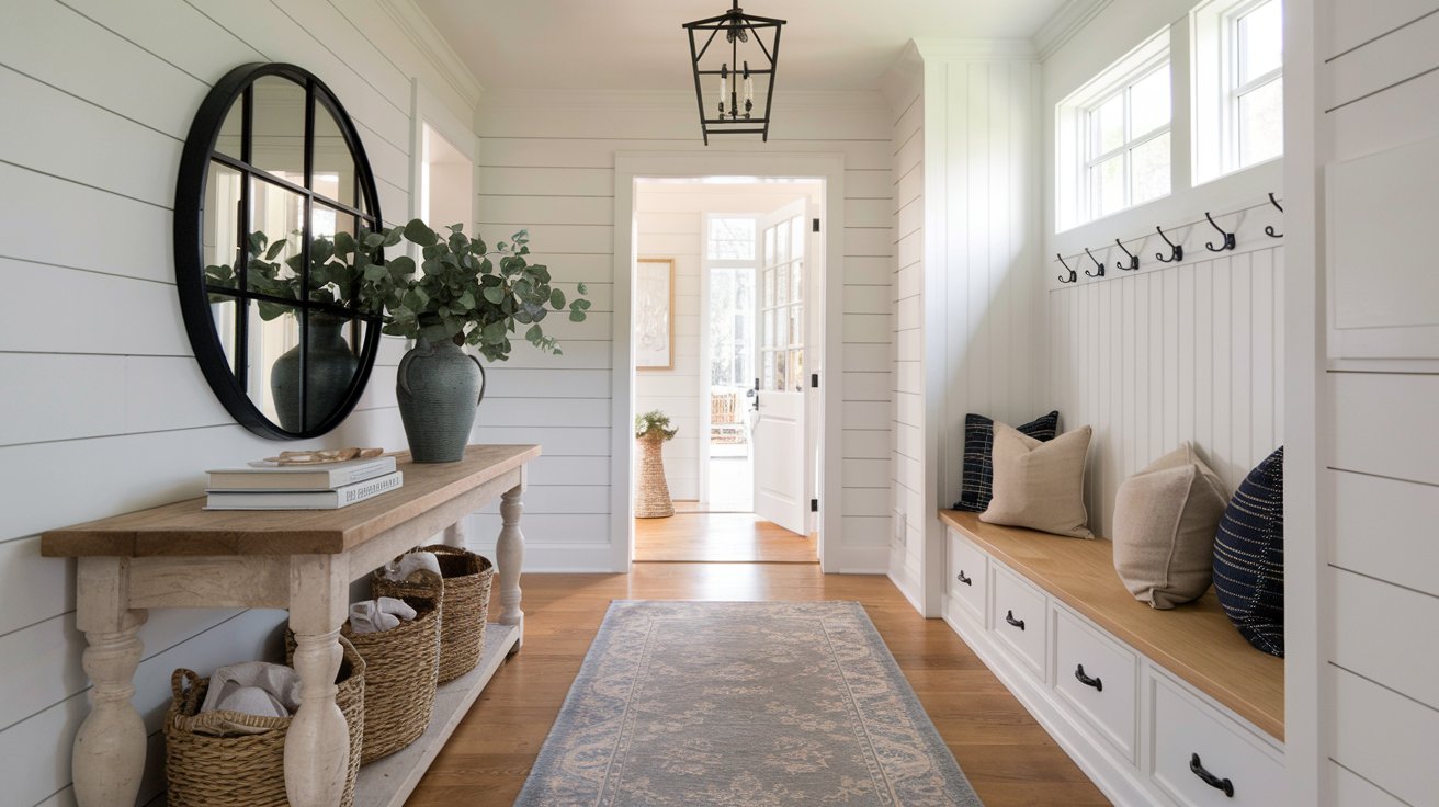 A bright entryway with wooden floors, a bench with cushions on the right, and a wooden console table with baskets and vases on the left. A round mirror hangs above the table, and hooks are mounted on the wall above the bench. The room is well-lit.