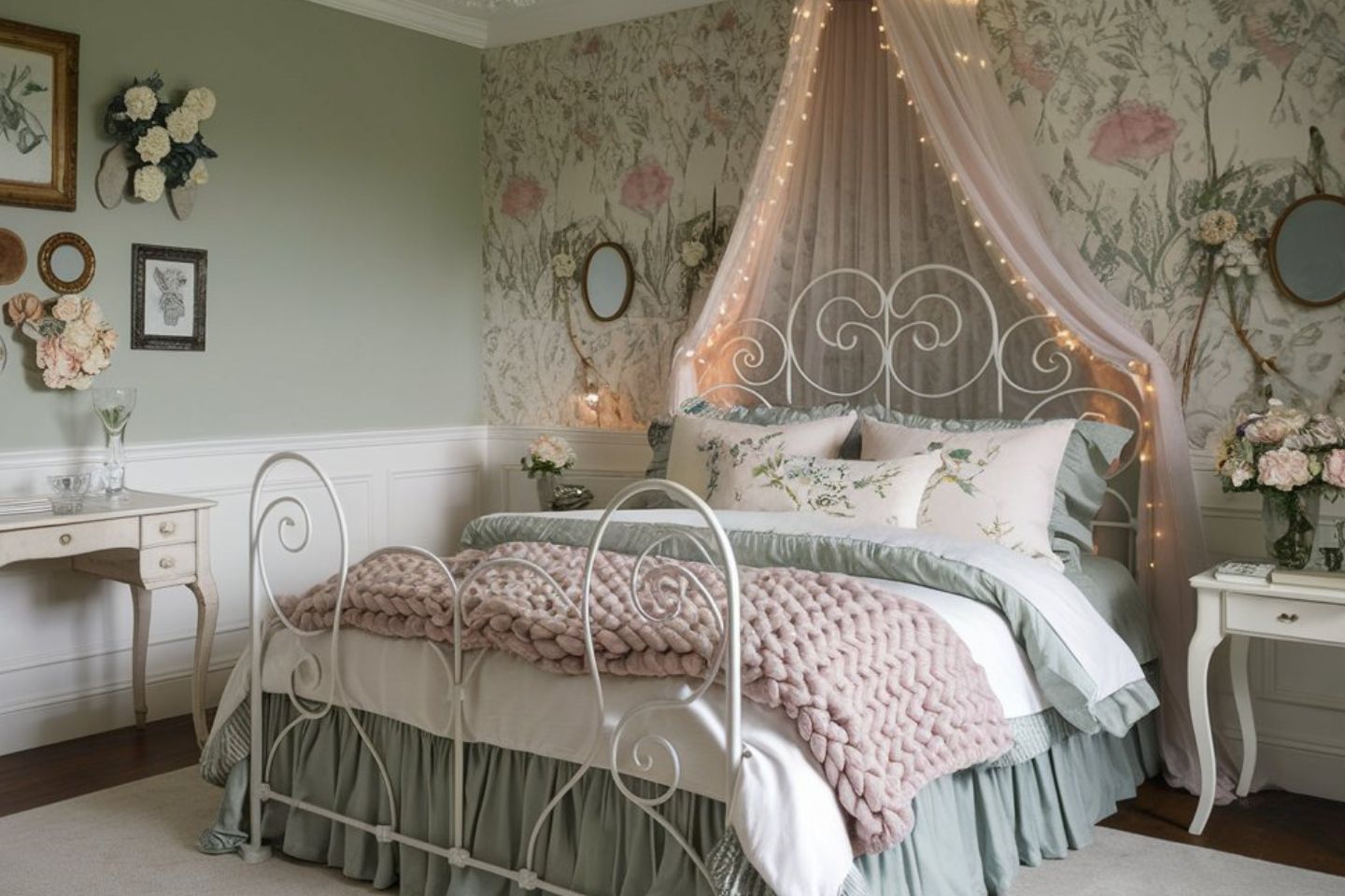 A shabby chic bedroom with a floral theme features a white metal bed, pink knitted throw, floral canopy with string lights, and rose-patterned wallpaper. A wooden desk and floral wall decor complete the cozy, romantic setting.