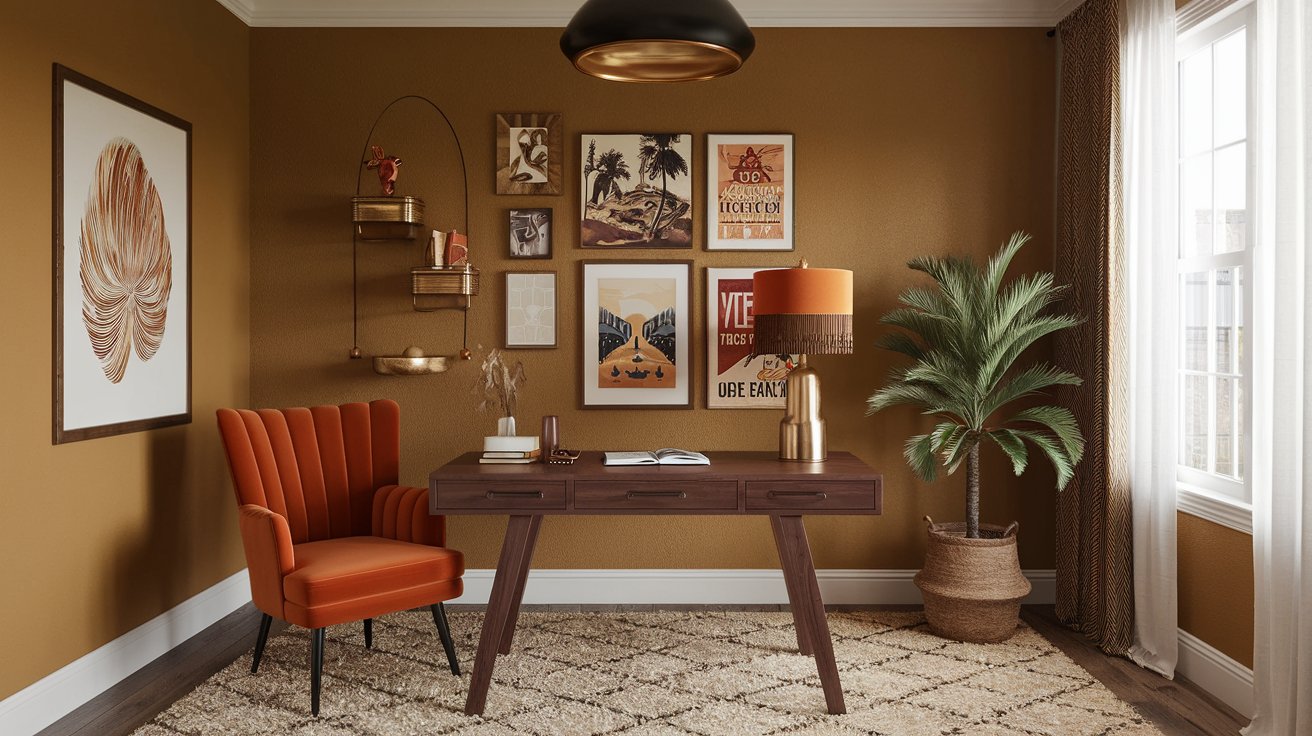 An eclectic home office features a wooden desk and an orange chair atop a colorful rug. Art prints and plants line the walls, adding a boho flair. Natural light floods through a large window, while a potted plant sits in the corner. An orange-shaded lamp completes the cozy scene.