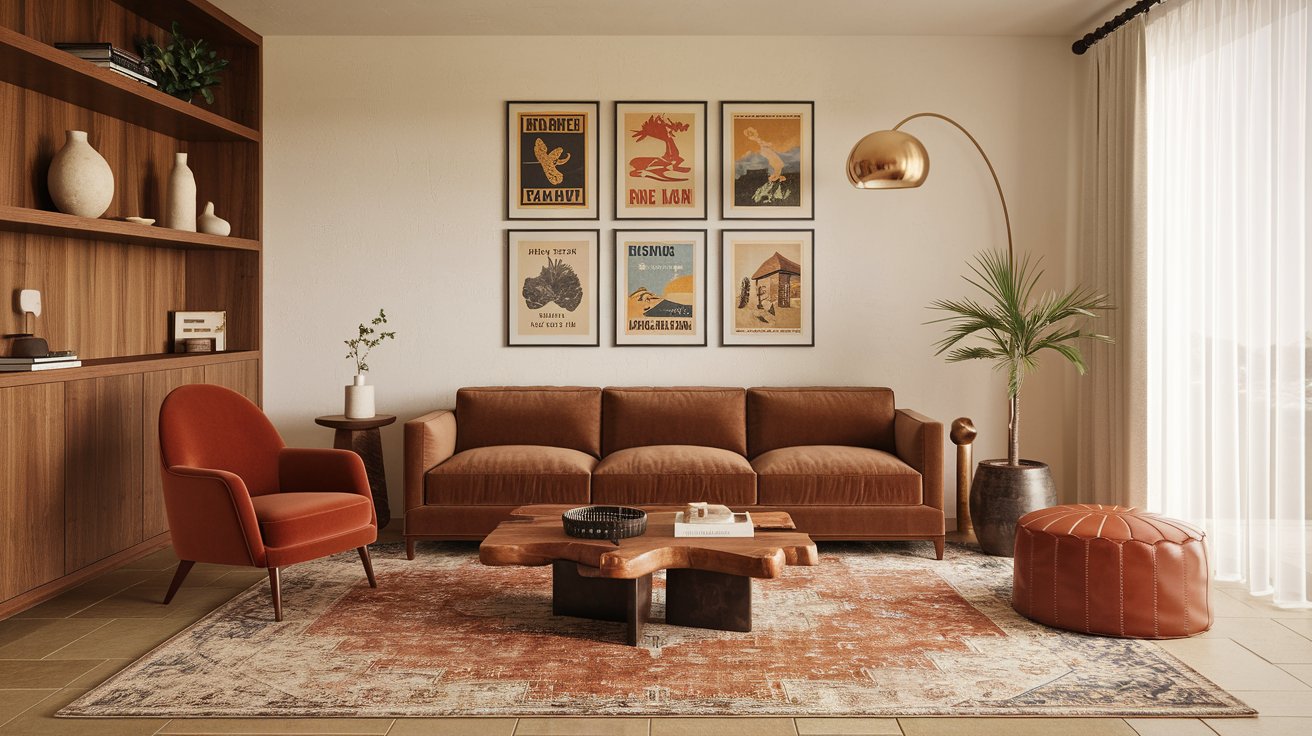 A cozy mid-century living room with a brown sofa, red armchair, and rustic coffee table set on a patterned rug. A wall adorned with framed art prints complements the gold arc floor lamp and potted plant under a sheer-curtained window.