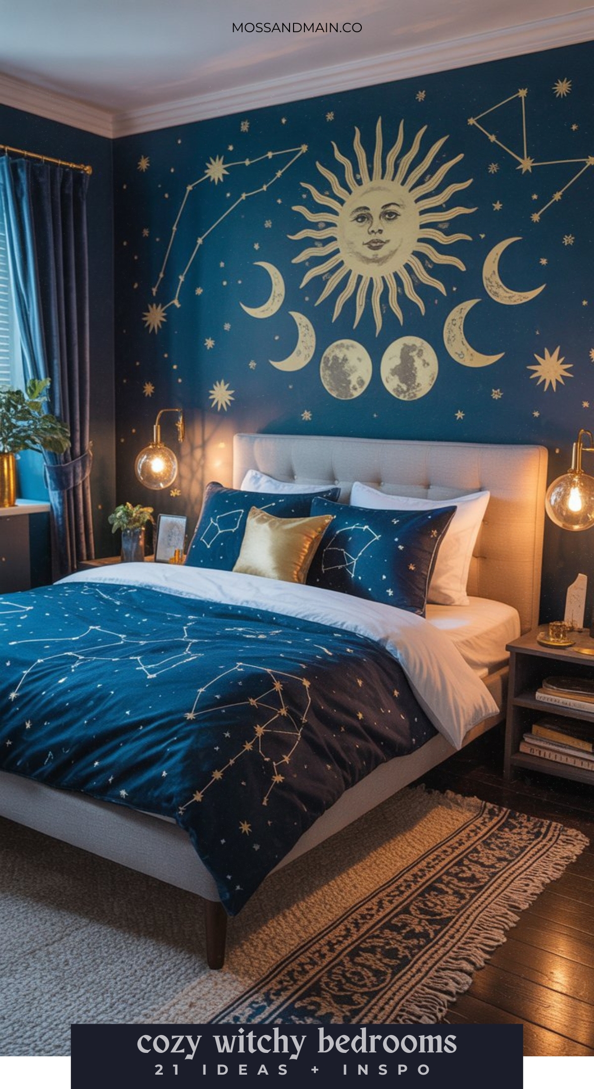 A bedroom with dark blue walls, gold star and moon wall art, a sun and moon mural above the bed, navy bedding with constellation patterns, gold lamps, plants, and a patterned rug; text reads cozy magical bedroom ideas.
