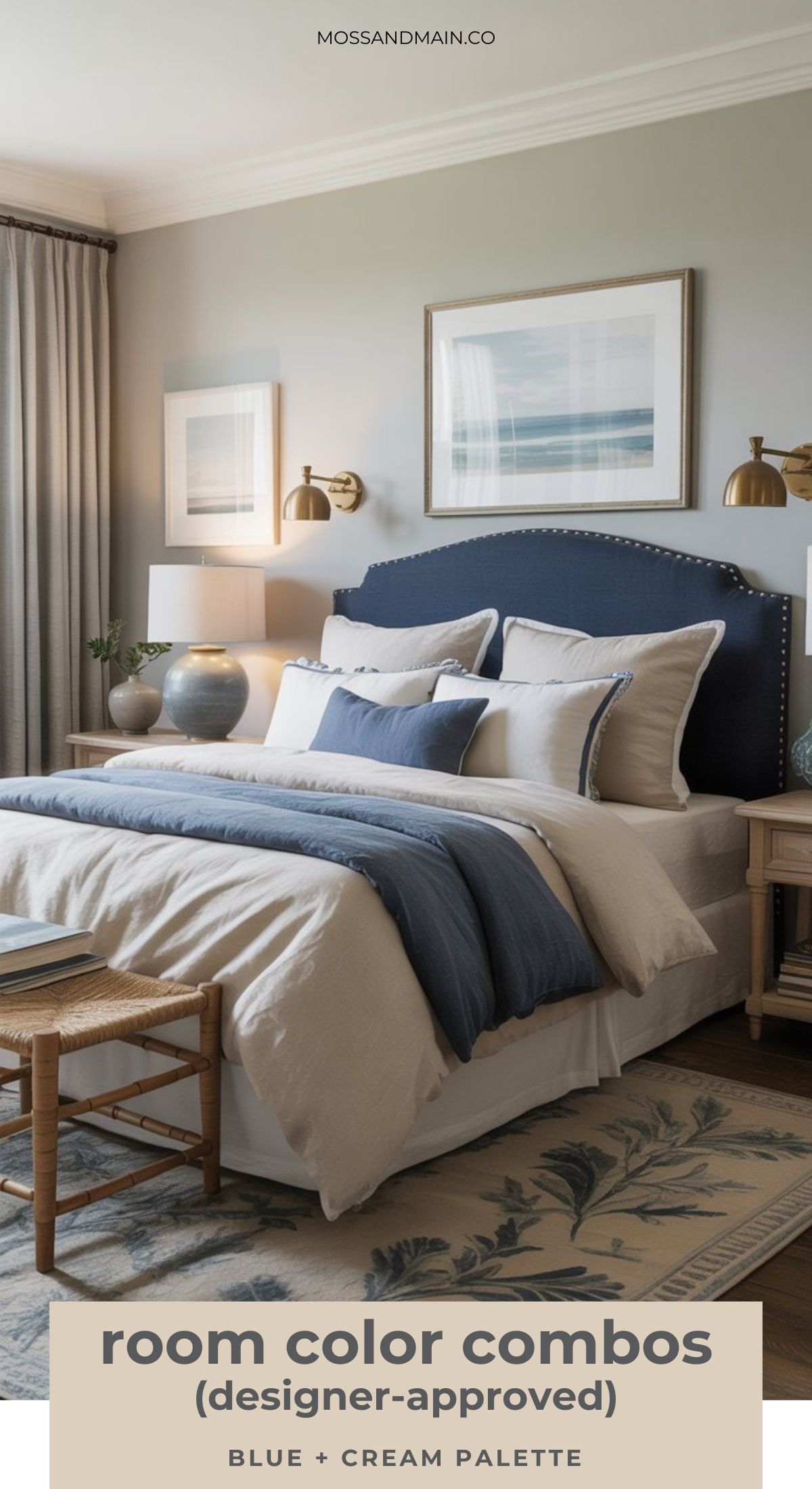 A stylish bedroom features a navy and cream designer-approved color palette, with a navy upholstered bed, cream bedding, blue accents, neutral nightstands, wall lamps, framed art, and a patterned rug. The text reads: timeless color schemes—blue + cream palette.