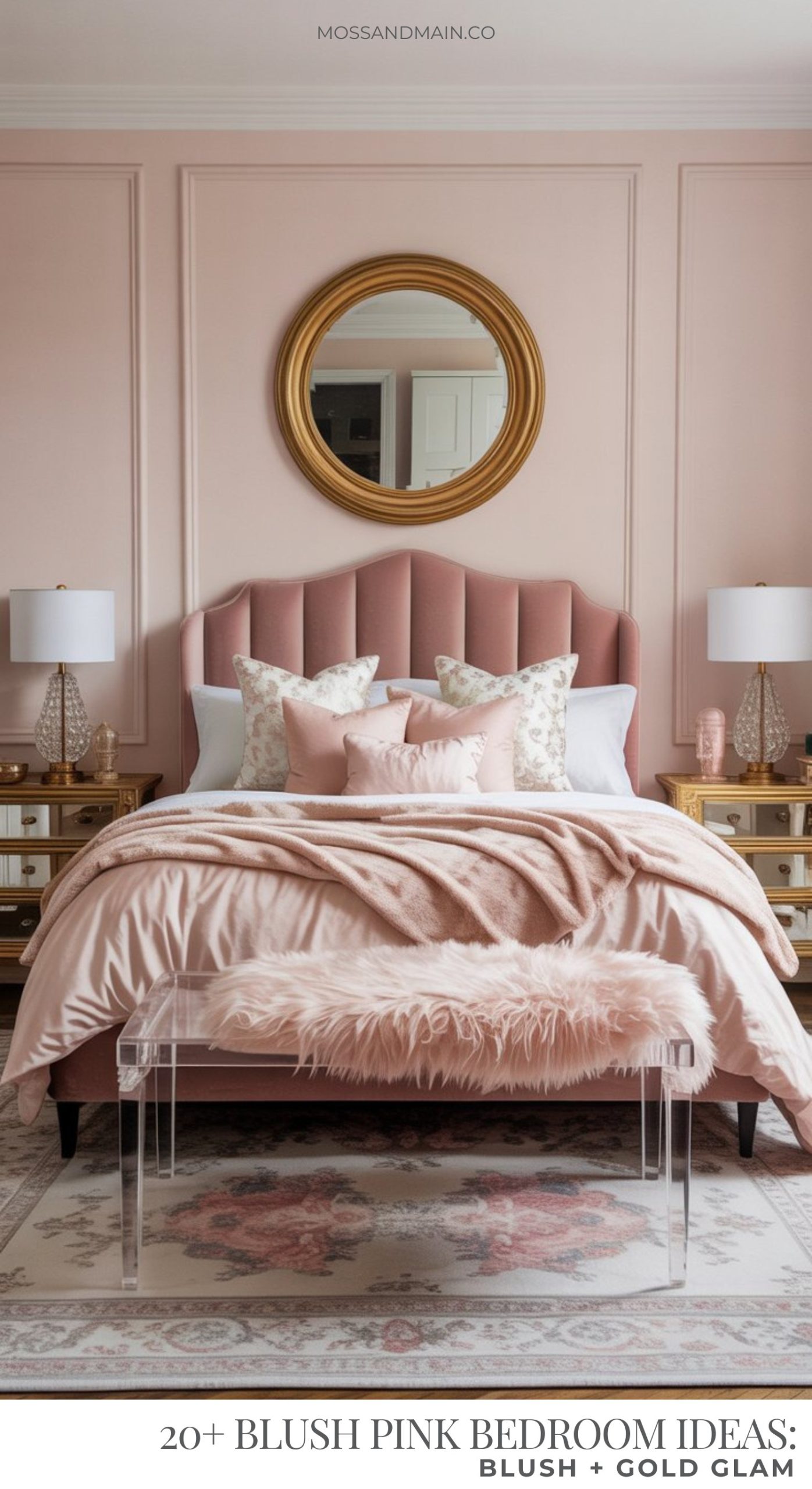 This blush pink bedroom showcases a tufted bed with pink and white bedding, gold-framed mirrors, mirrored nightstands topped with white lamps, and a soft pink faux fur throw on a clear bench at the foot of the bed.