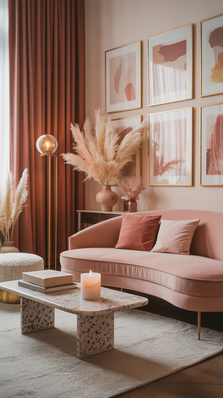 A stylish living room with a blush pink sofa, terrazzo coffee table with a lit candle, pampas grass arrangements, modern art prints, and rust accent colors featured in the curtains by a tall window.