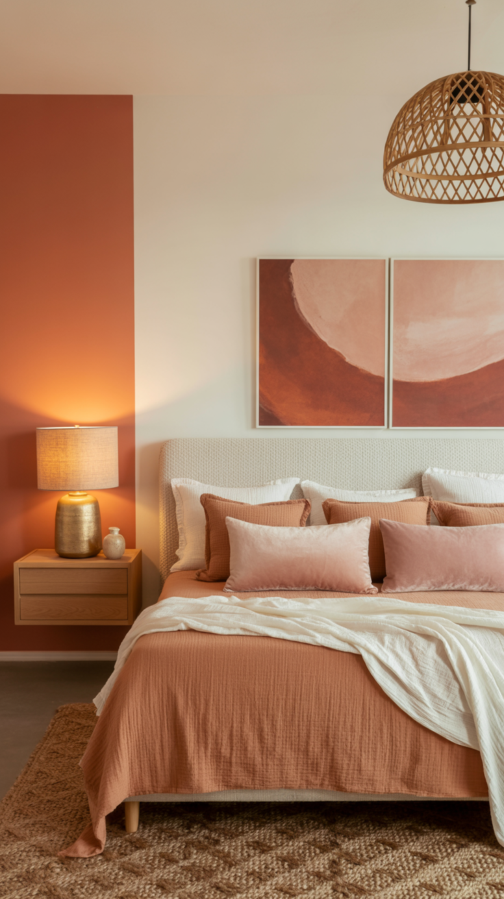 A cozy bedroom with a peach and beige color scheme, featuring rust accent colors on the bed’s pillows, a textured blanket, a woven rug, a wooden nightstand with lamp, and abstract art adding charm to the decor.
