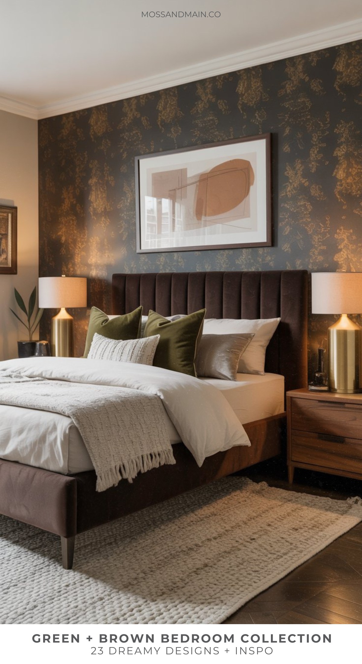 A moody bedroom features a dark upholstered bed with green and beige pillows, a cozy knit throw, wooden nightstands with gold lamps, and a dark floral accent wall with abstract art above the bed.