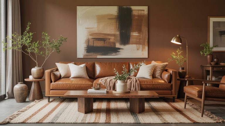 A modern brown living room with a leather sofa, neutral throw pillows, a wooden coffee table, potted plants, abstract wall art, and warm brown walls creates a cozy, inviting atmosphere.