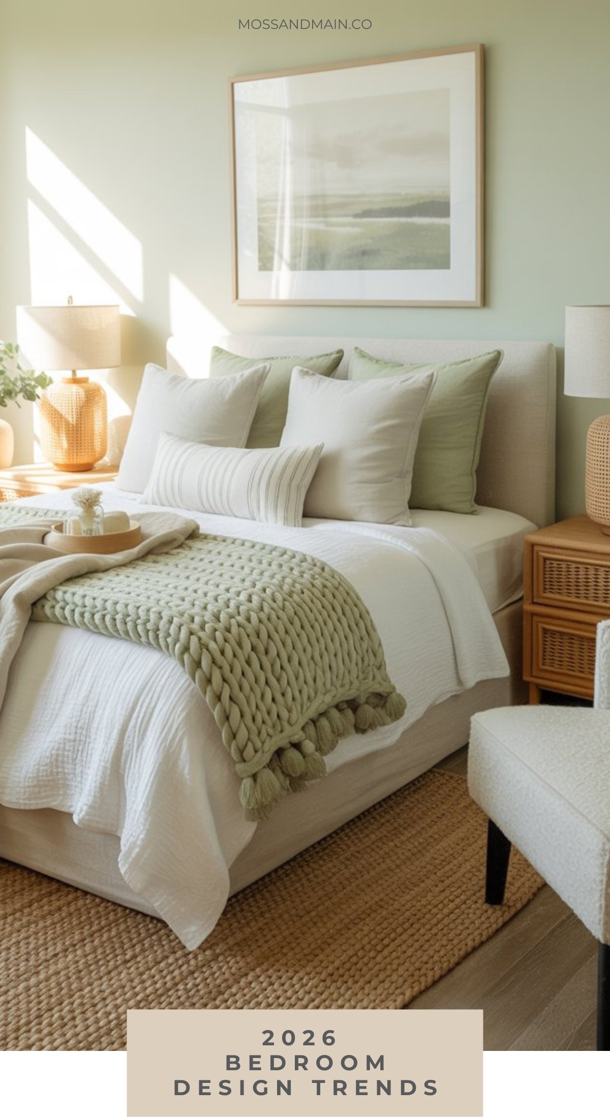 A cozy bedroom with soft green and beige tones, featuring a neatly made bed with textured pillows and a chunky knit blanket, rattan nightstands, lamps, a woven rug, and natural sunlight—showcasing the latest bedroom design trends. 2026 Bedroom Design Trends.