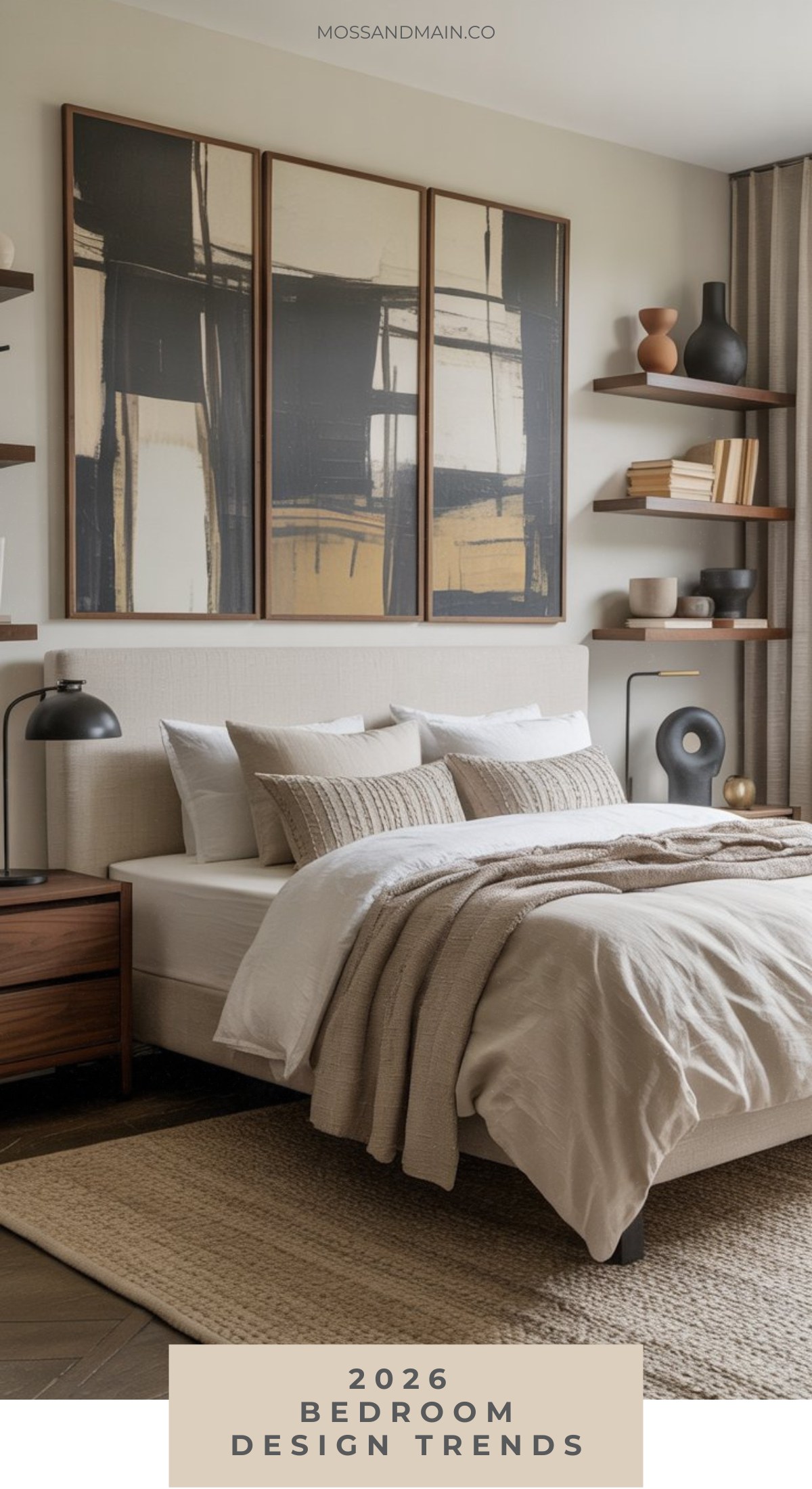 A modern bedroom featuring a beige upholstered bed, neutral bedding, wooden nightstands, abstract wall art, floating shelves with decor, and a woven rug—showcasing the latest bedroom design trends. Text at the bottom reads 2026 Bedroom Design Trends.