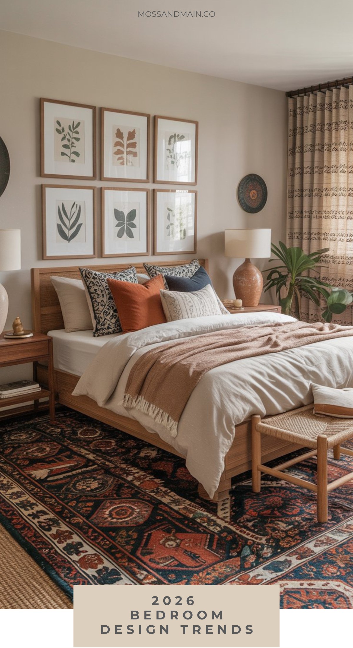 A cozy, modern bedroom features a wooden bed with neutral and rust-colored bedding, botanical wall art, and a patterned rug. Warm lighting and leafy decor showcase the latest bedroom design trends for an inviting 2026 retreat. Text reads: 2026 Bedroom Design Trends.