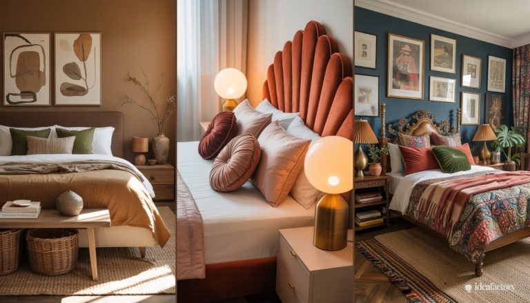 A collage of three stylish bedrooms showcases the latest bedroom design trends: earthy tones with woven baskets, a bold scalloped velvet headboard with globe lamps, and colorful patterned bedding paired with framed art on dark blue walls.