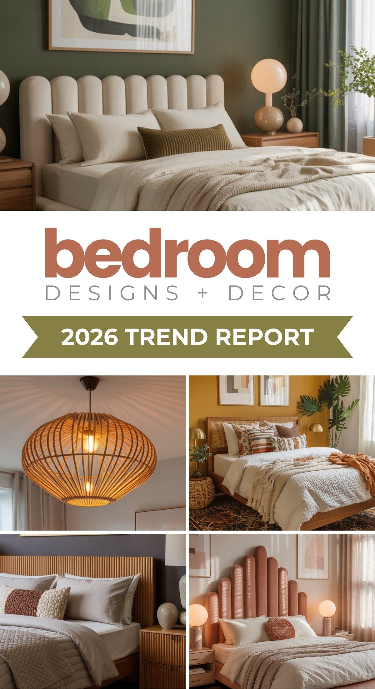 A collage titled Bedroom Designs + Decor 2026 Trend Report shows cozy bedrooms with modern decor, neutral tones, stylish beds, decorative pillows, and warm lighting, reflecting the latest bedroom design trends and natural elements.