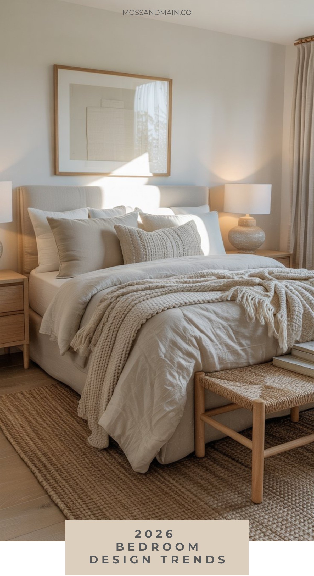 A cozy, modern bedroom features a neatly made bed with layered neutral bedding and knit throws—showcasing the latest bedroom design trends—flanked by wooden nightstands and lamps, with soft natural light and minimalist decor. Text reads 2026 Bedroom Design Trends.