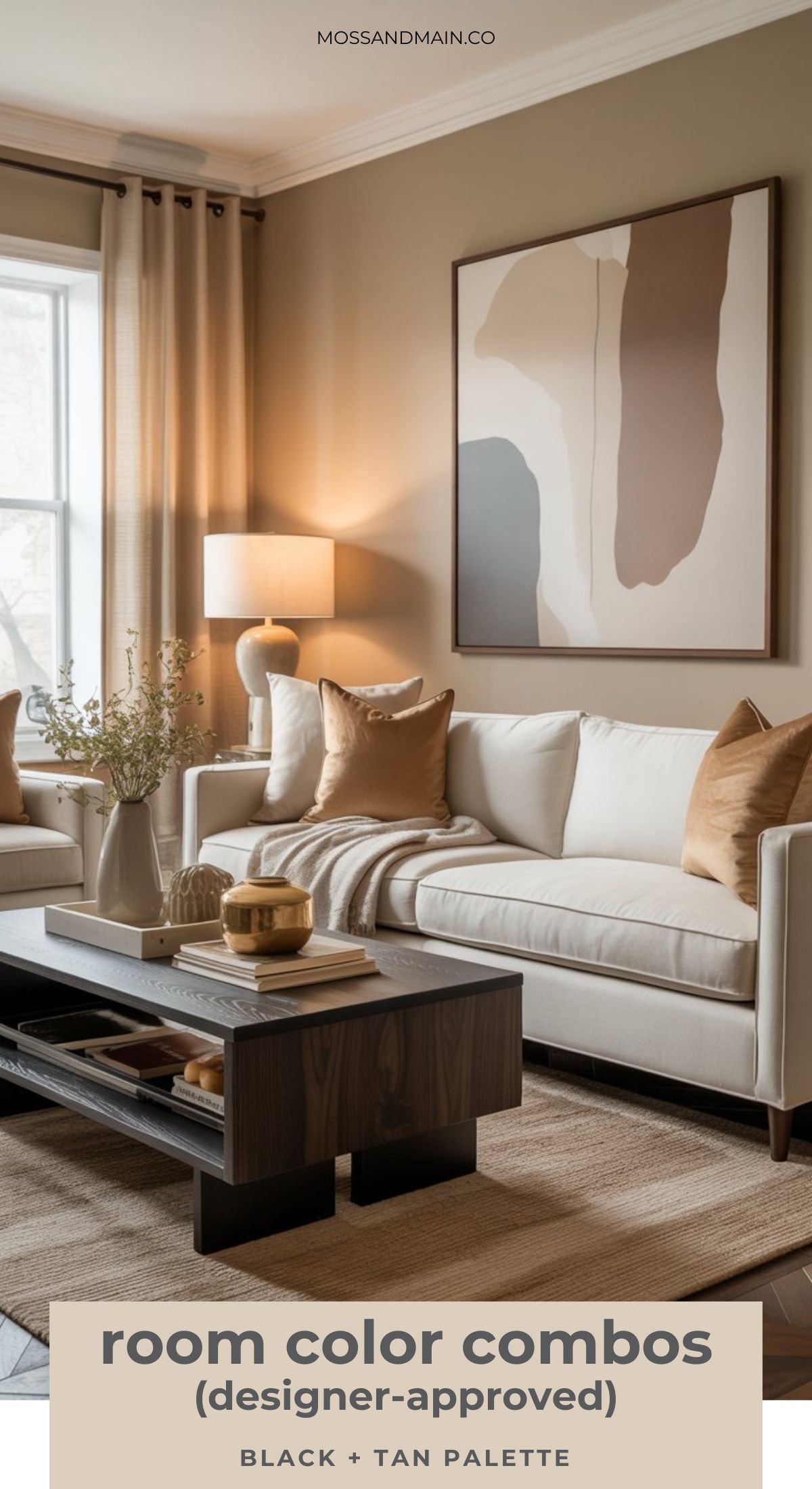 A stylish living room with a timeless color palette features a beige sofa with tan and brown pillows, a black coffee table, abstract wall art, and neutral curtains, creating a cozy and modern atmosphere.