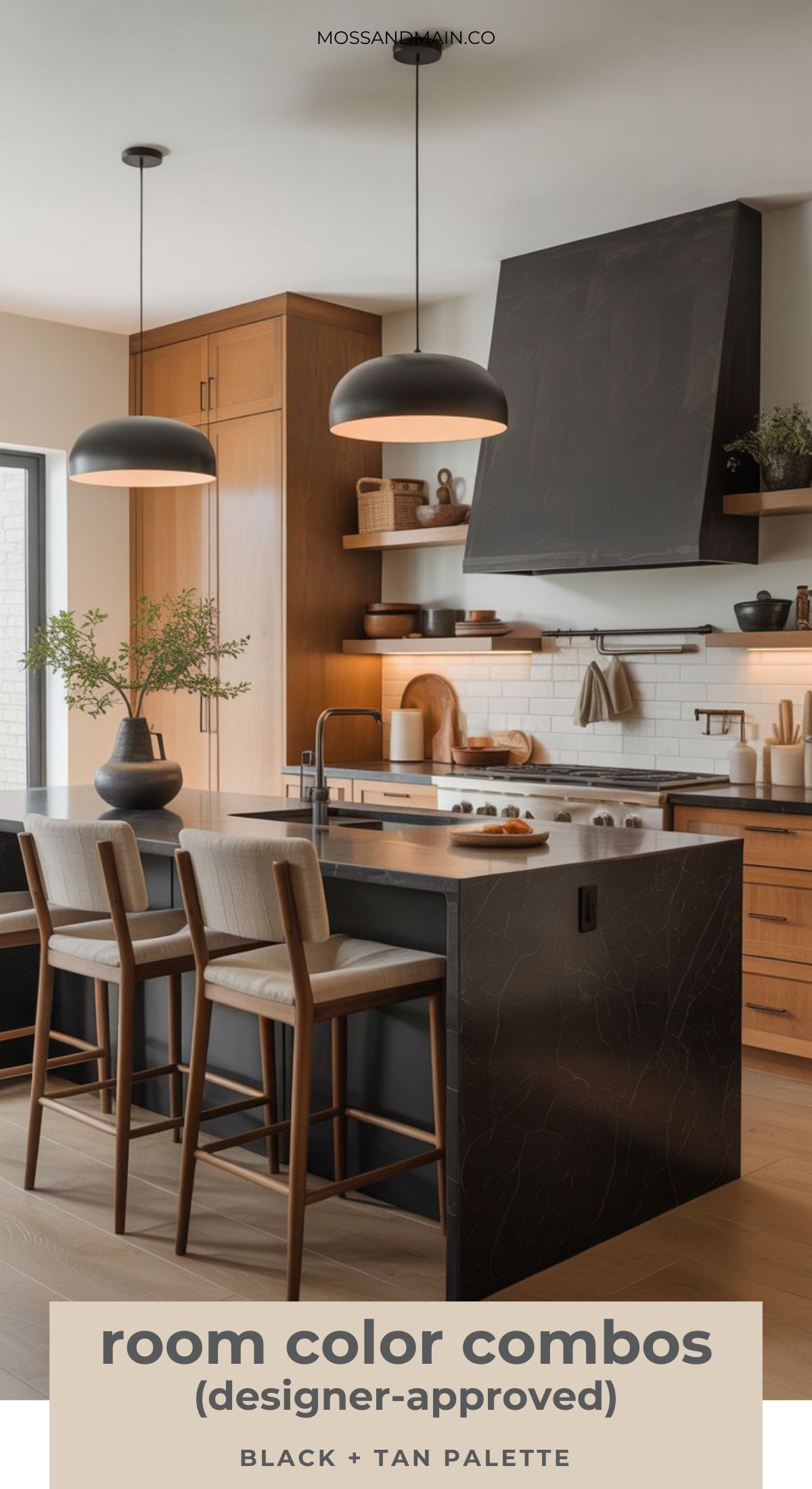 Modern kitchen with a black and tan color palette, featuring a black island, black pendant lights, tan wooden cabinets, open shelves, and neutral accents. Two wooden barstools sit at the island. Text reads: timeless color palettes.