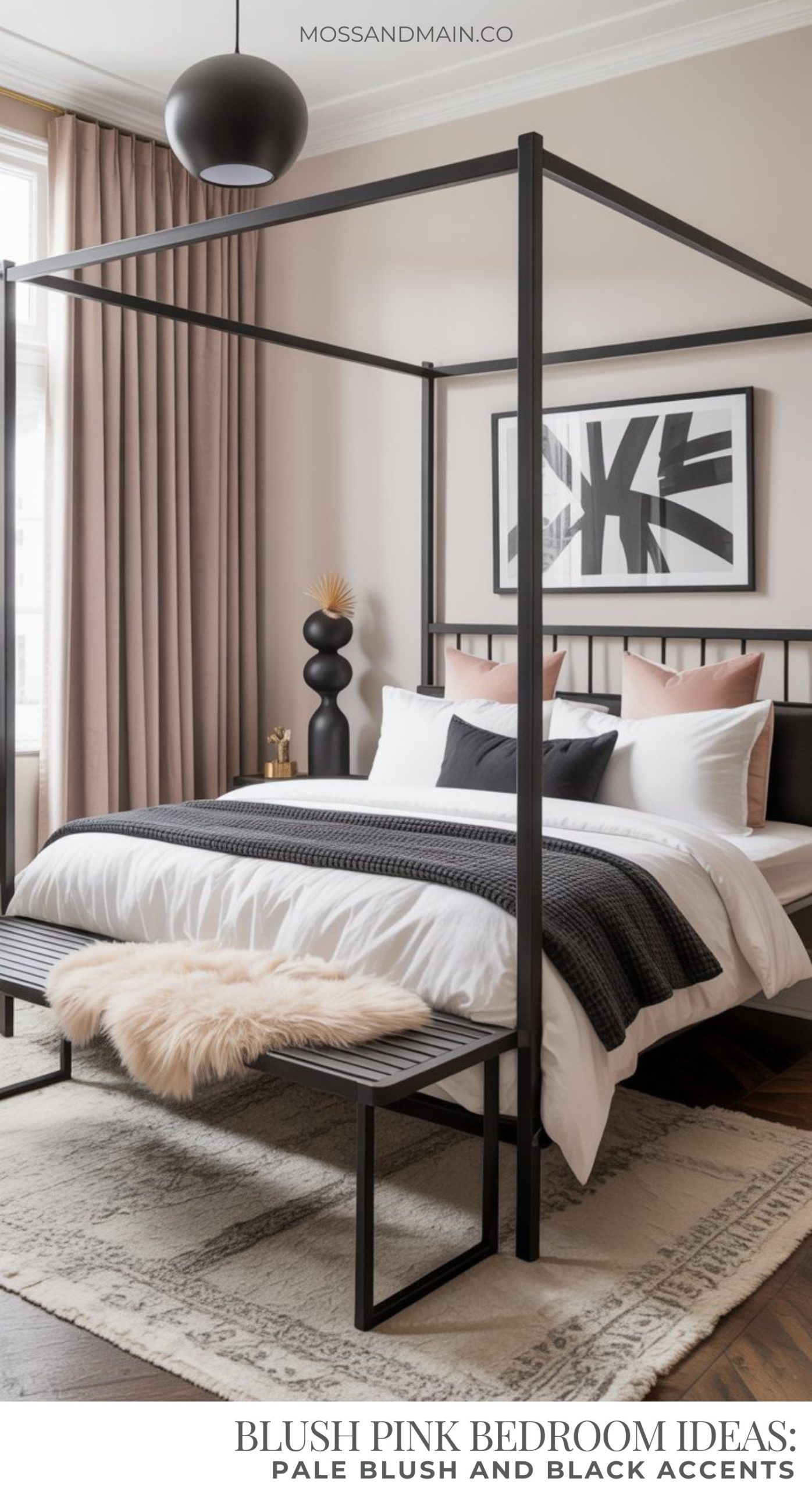 A modern blush pink bedroom featuring pale blush pink curtains, a black canopy bed, black and white bedding, abstract art, and a bench with a faux fur throw. Black and gold accents add striking contrast to the soft blush décor.
