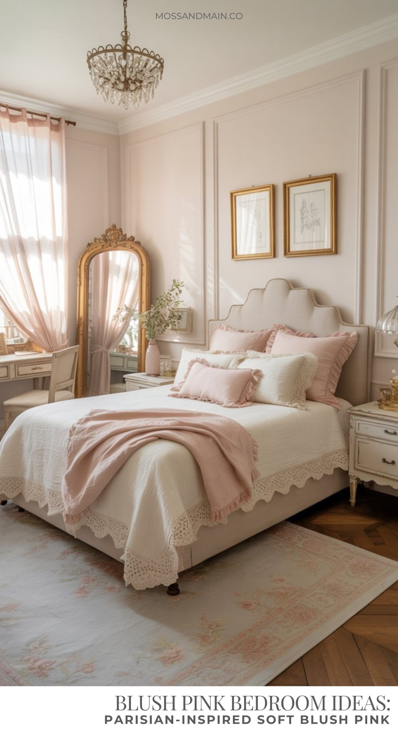 A blush pink bedroom features an upholstered bed with pink and white linens, a vintage gold mirror, a chandelier, and elegant décor. Soft light filters through sheer pink curtains, creating a serene, Parisian-inspired blush pink bedroom atmosphere.