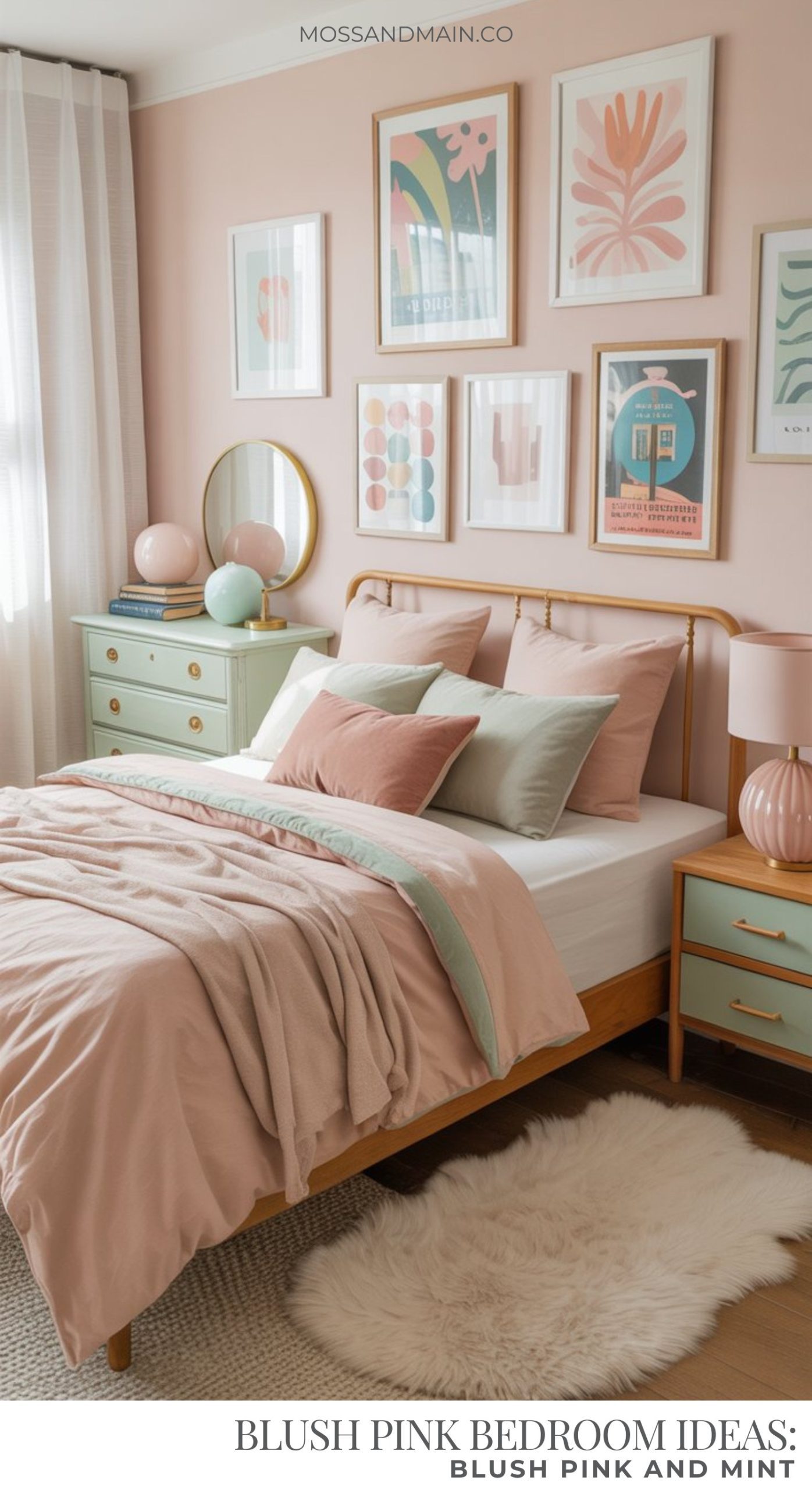 A cozy blush pink bedroom features blush bedding, mint green accents, a mint nightstand, and pastel wall art. A round mirror, pink lamp, and fluffy white rug complete the modern, stylish decor.