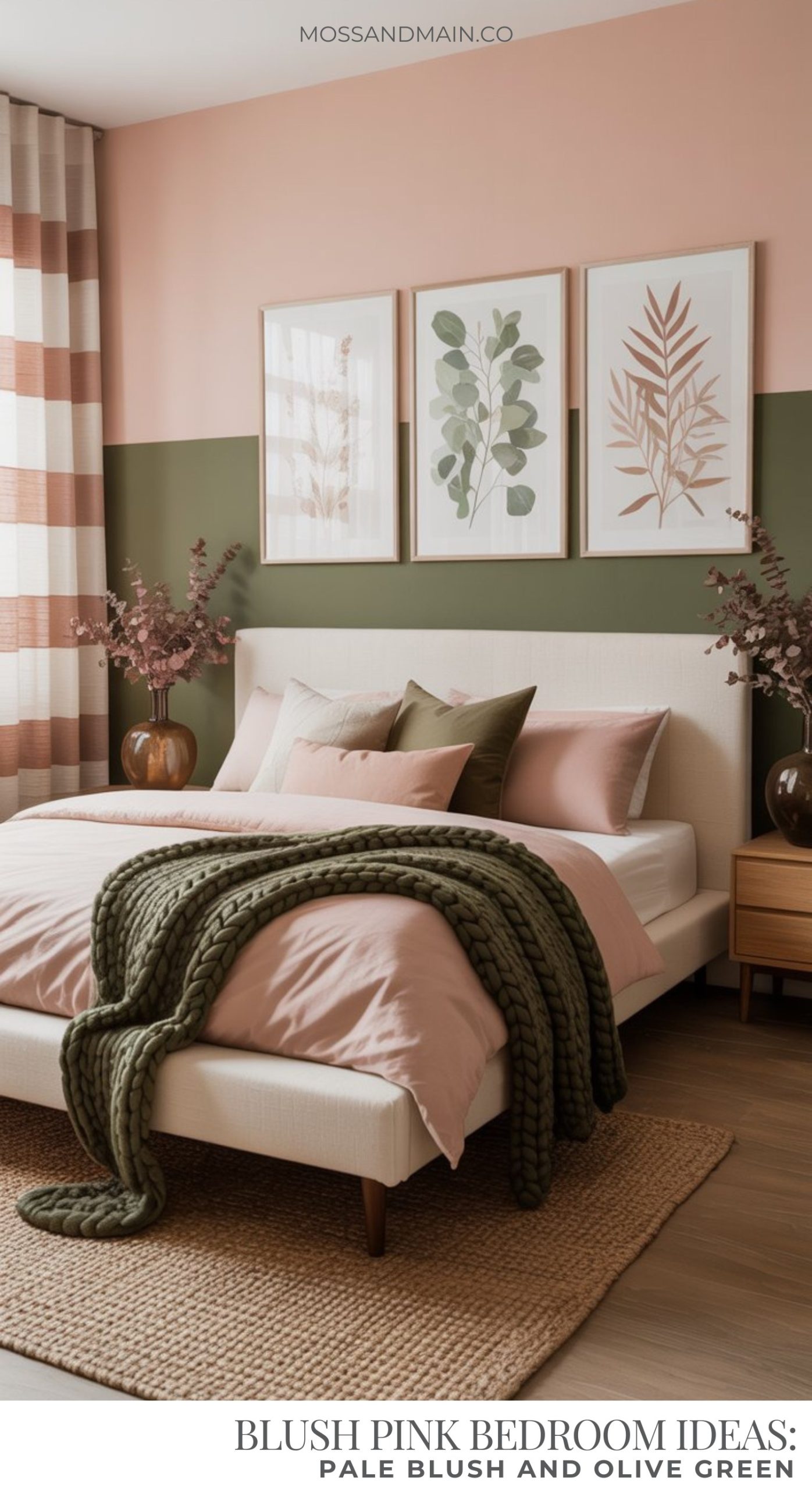 A blush pink bedroom with olive green accents features a chunky green knit blanket on a cream bed. Pink and green walls, botanical art above the bed, and vases of dried flowers on bedside tables complete the cozy space.