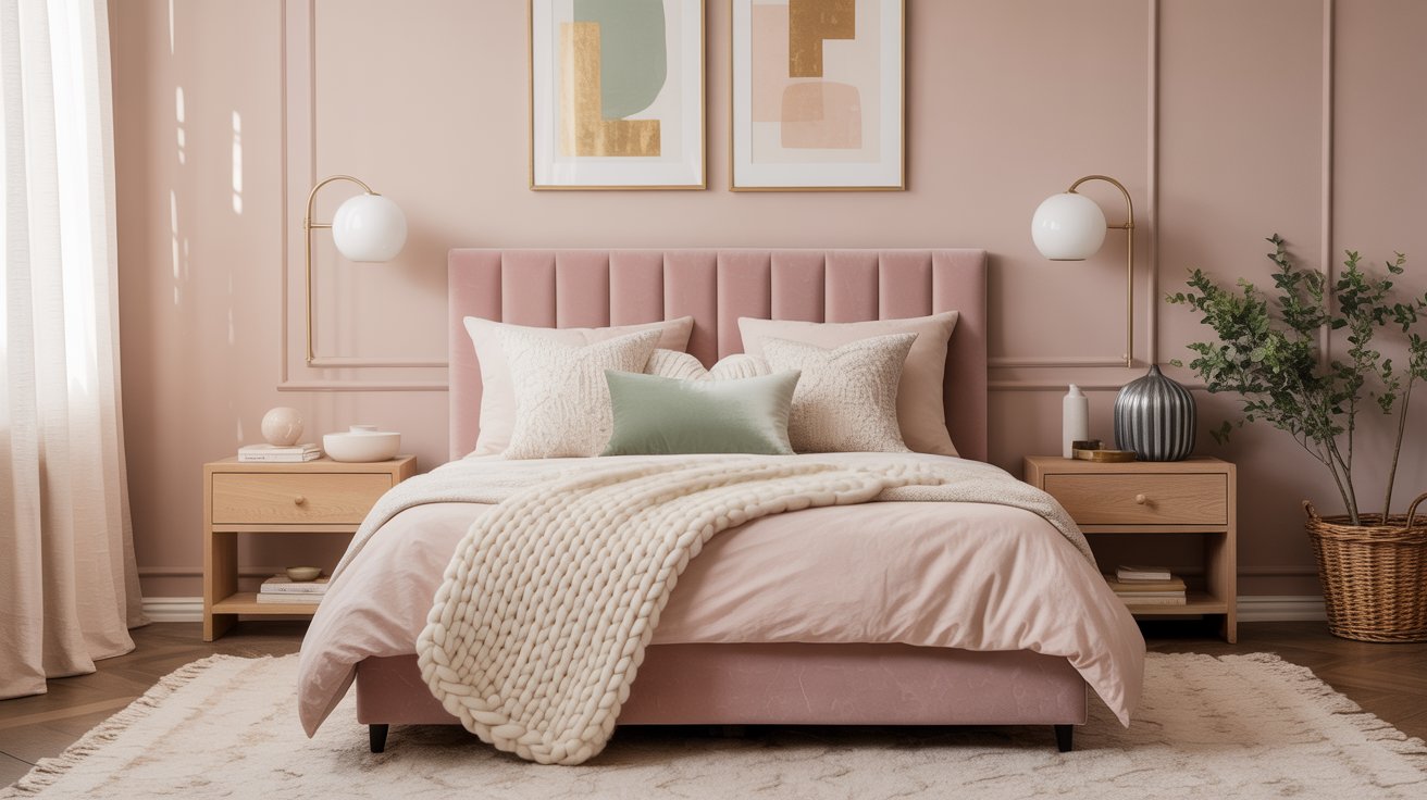 A cozy blush pink bedroom with a pink upholstered bed, beige knit blanket, decorative pillows, wooden nightstands, modern lamps, artwork on pale pink walls, a potted plant, and a soft rug on the floor.