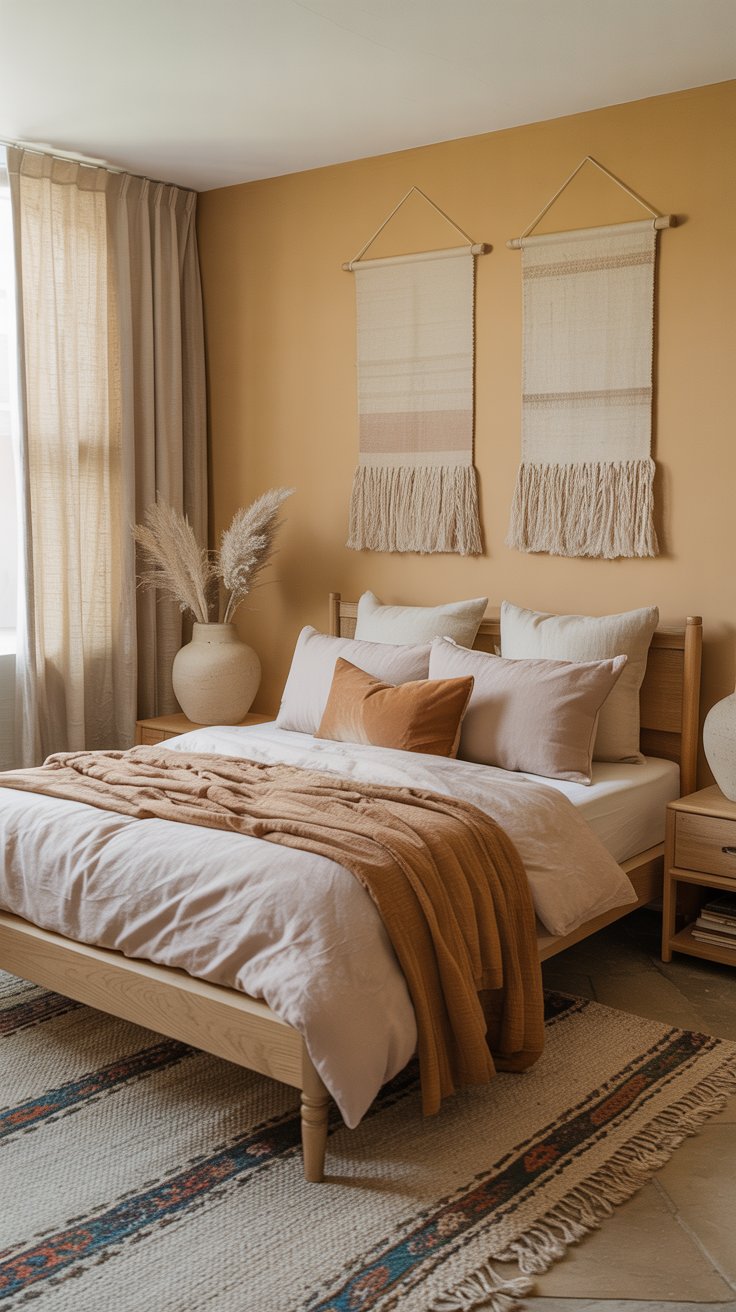 A cozy bedroom with a wooden bed, beige and brown bedding, and pops of mustard yellow decor. A textured rug and two woven wall hangings sit above the headboard, while light streams in from sheer curtains and pampas grass adds a natural touch.