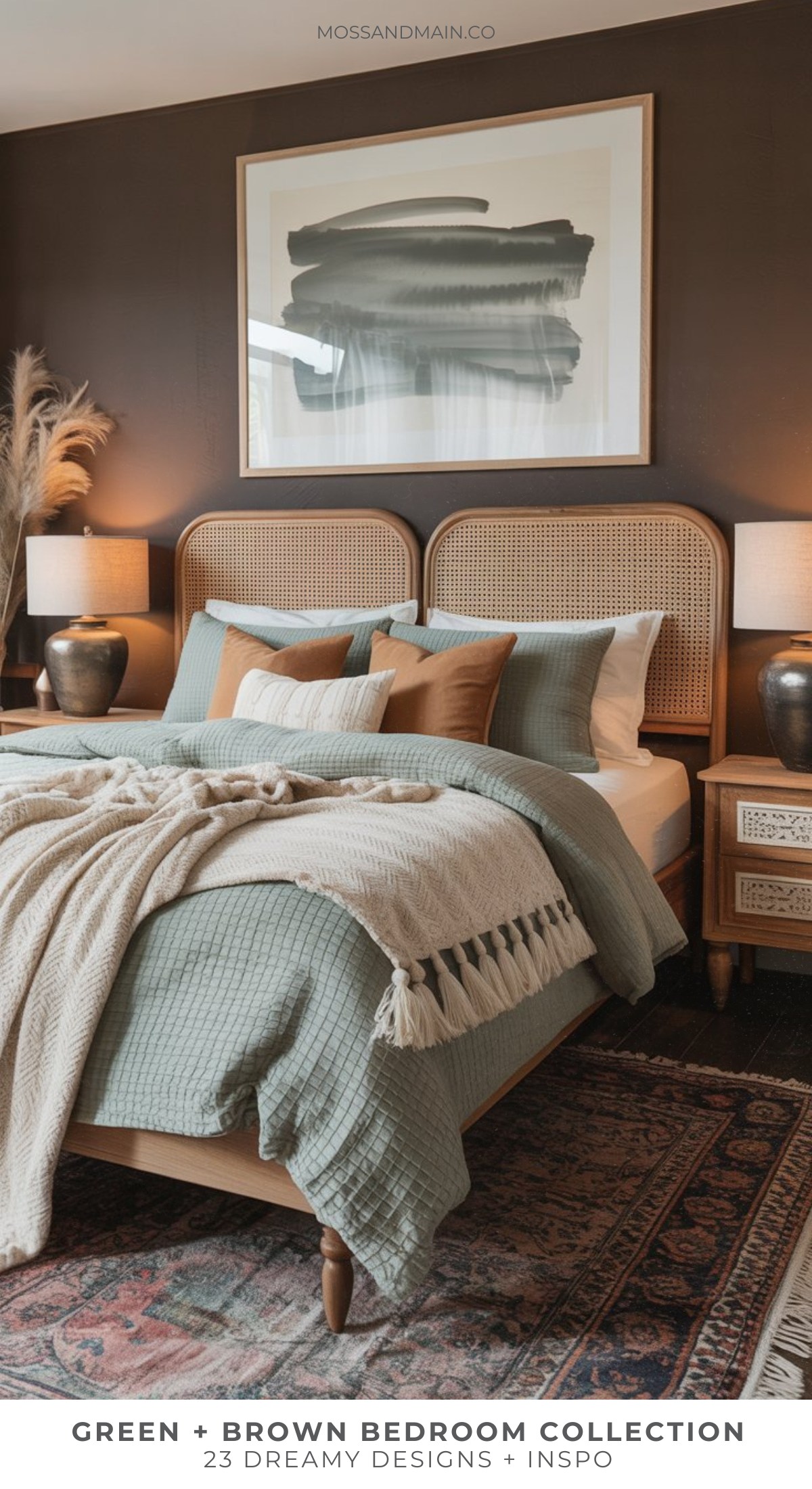 A cozy brown and green bedroom with a cream bedding set, rattan headboard, brown accent wall, large abstract art, matching bedside tables with lamps, pampas grass decor, and a patterned rug.