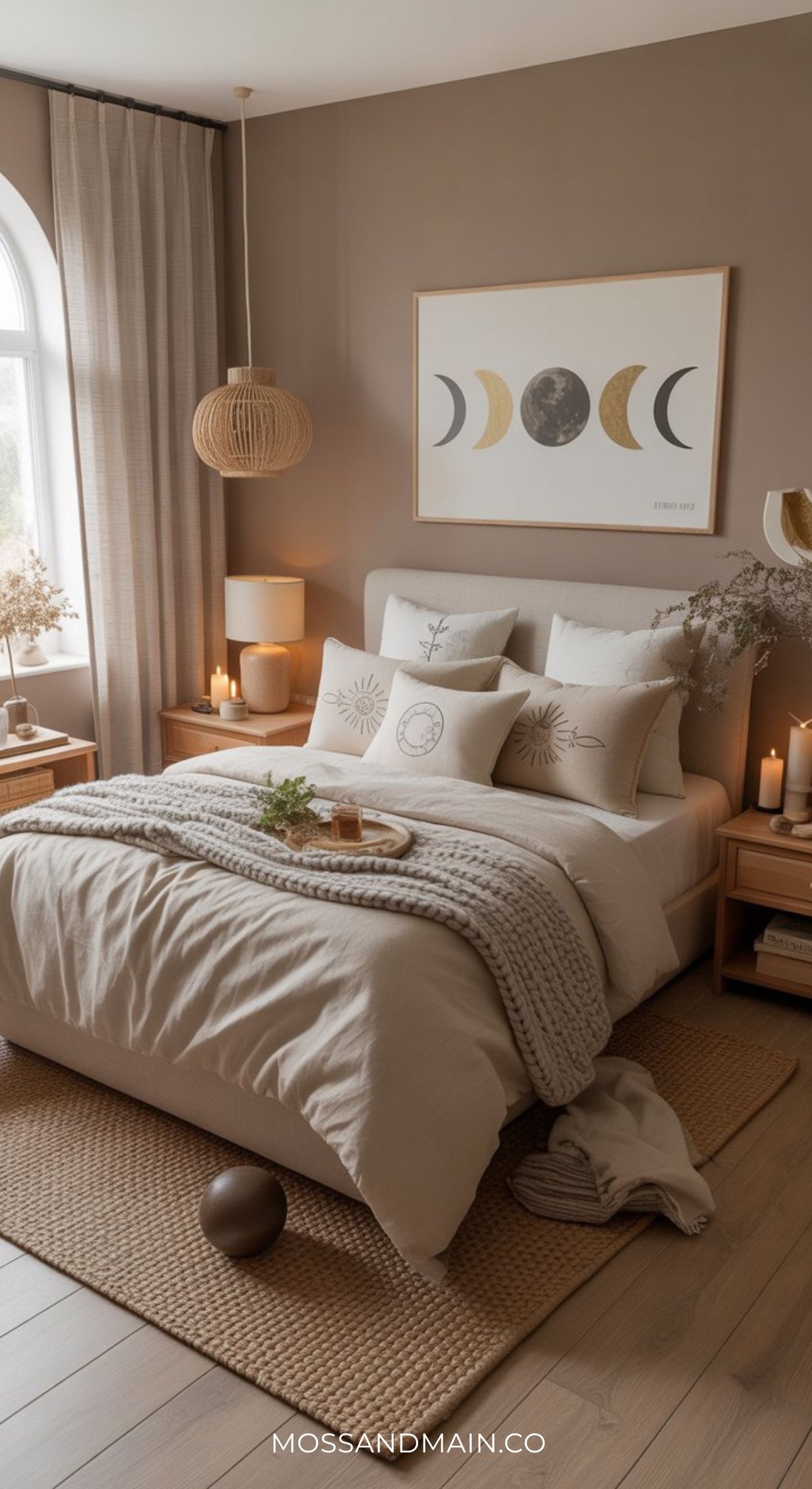Cozy bedroom with neutral tones, a bed with patterned pillows and a chunky knit throw, moon phase art above the headboard for witchy bedroom ideas, wooden side tables with candles, dried flowers, and soft natural light from a large window.