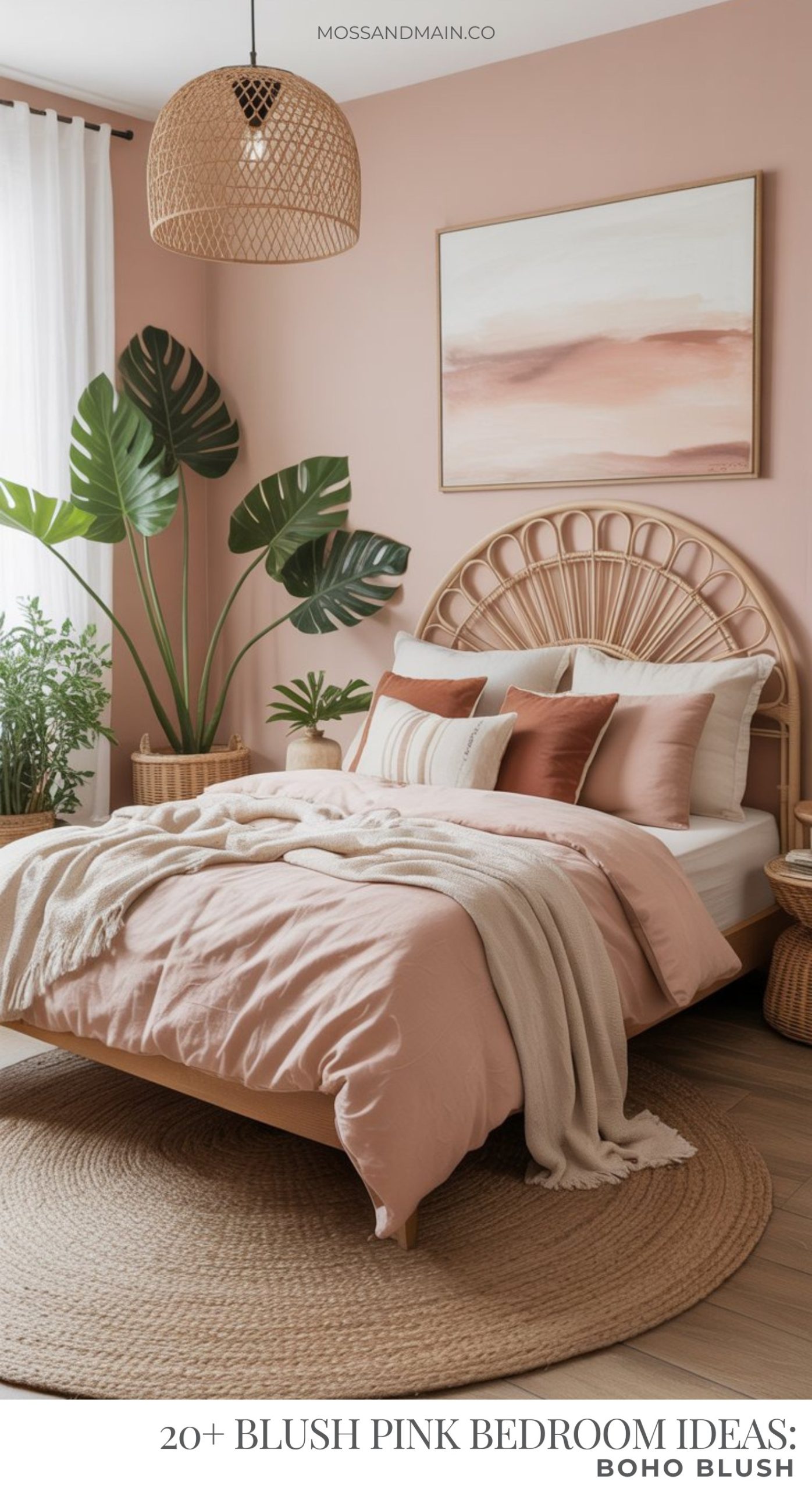 A cozy blush pink bedroom with bedding and pillows to match, a rattan headboard, large green plants, a woven rug, and a modern pendant light. A soft blanket rests on the bed below a blush-toned abstract painting.