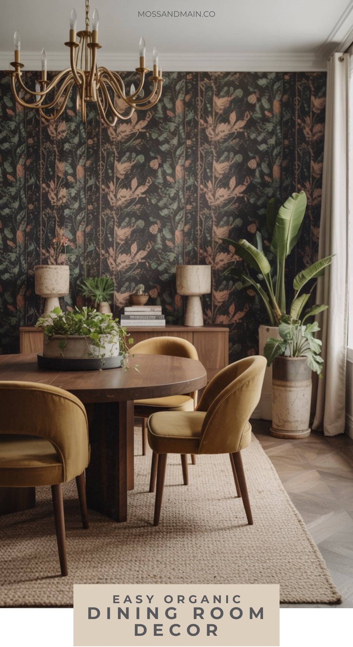 A dining room with a round wooden table, mustard yellow chairs, potted plants, and botanical wallpaper. A gold chandelier hangs above as natural light filters through sheer curtains. Text reads Easy Organic Chic Dining Room Table Decor.