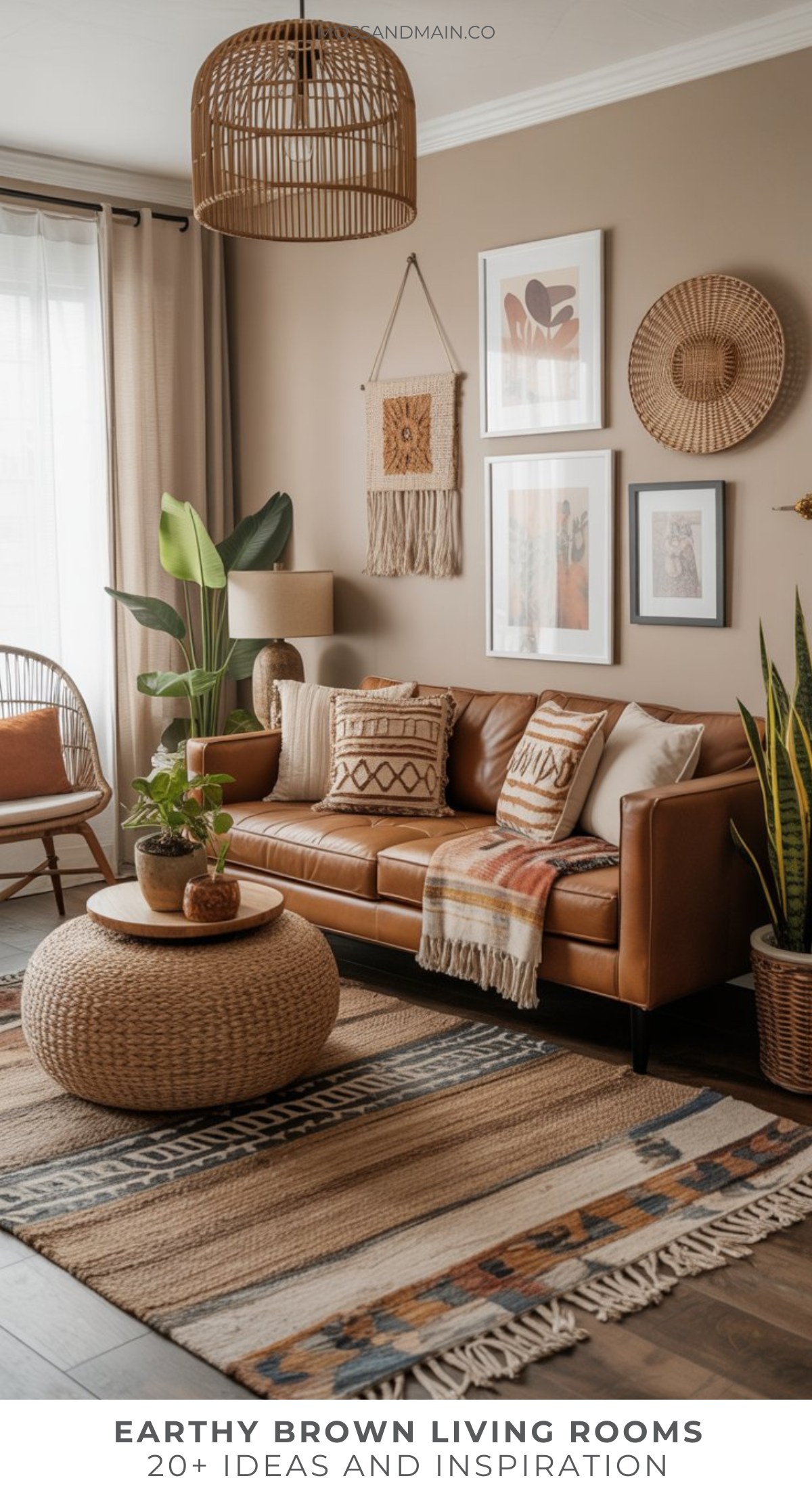 A cozy brown living room with earthy tones features a leather sofa with patterned pillows, a round woven ottoman, indoor plants, and wall art. Natural light filters through sheer curtains, enhancing the warm, inviting brown decor.