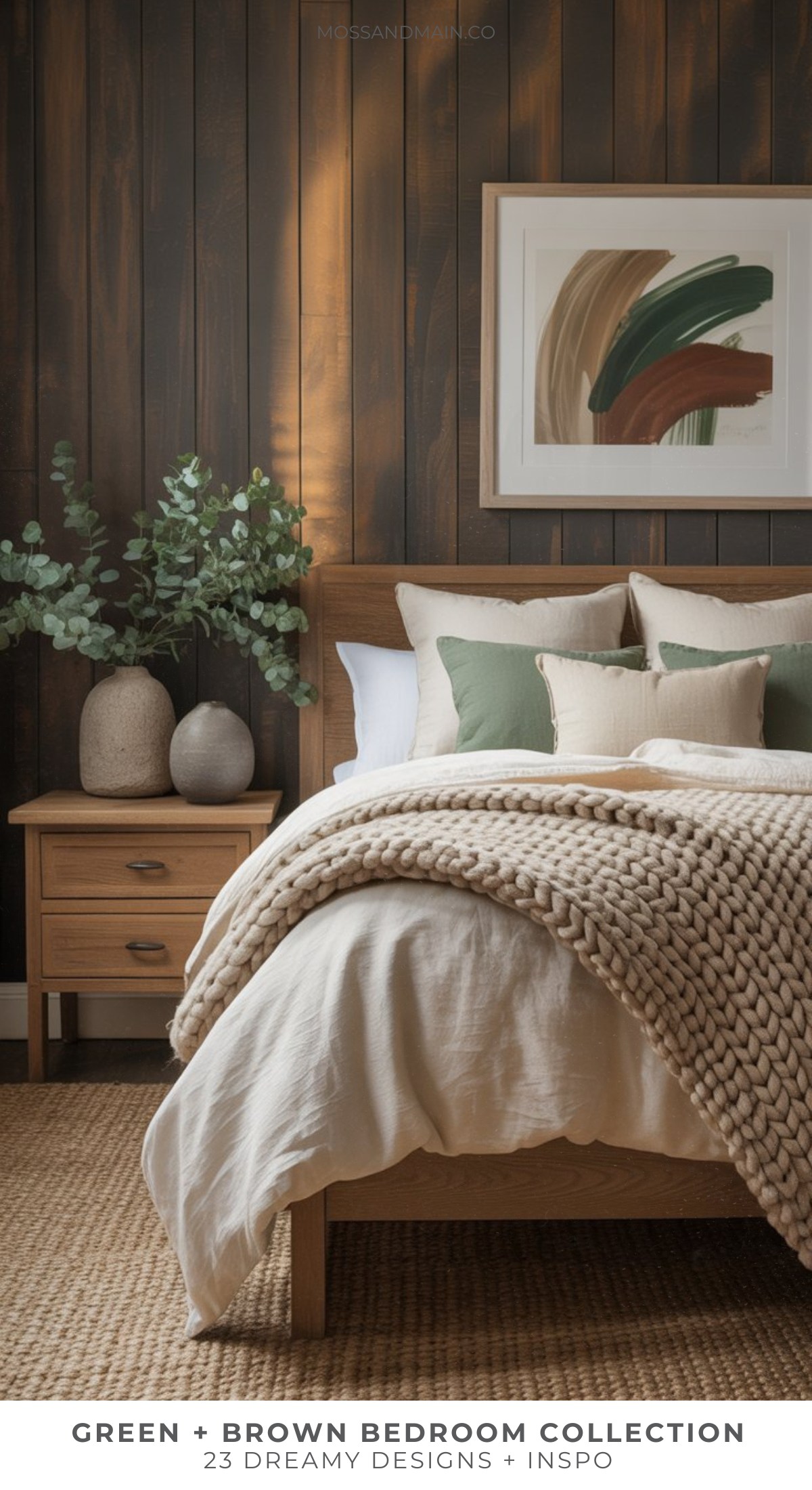 A cozy, moody bedroom features a wooden bed, green and beige pillows, a chunky knit blanket, and vases with greenery. Abstract art accents the dark wood-paneled wall. Text at the bottom reads, Green + Brown Bedroom Collection. Green Bedroom Ideas.
