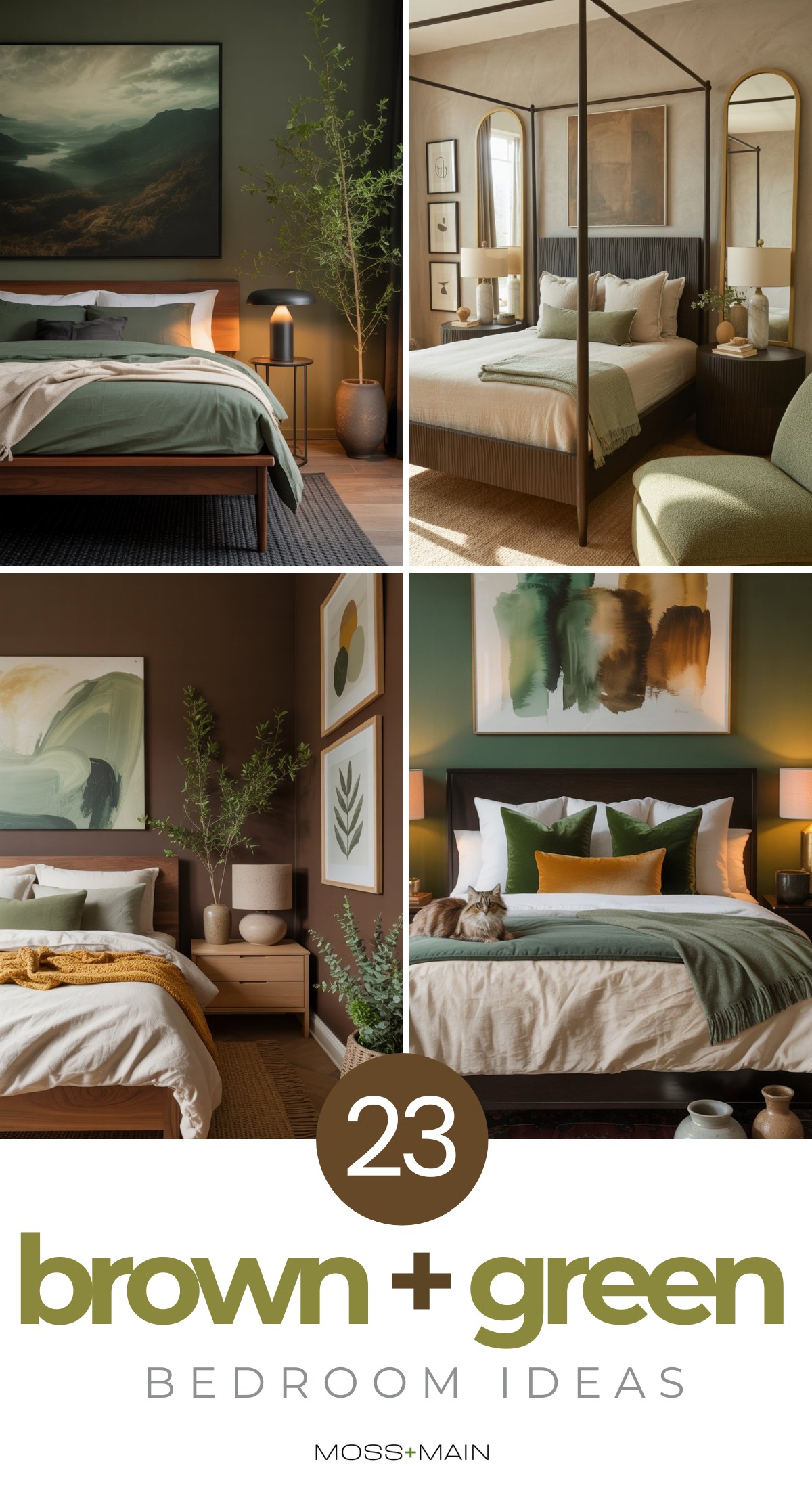 A collage of four stylish brown and green bedrooms featuring cozy bedding, modern furniture, and wall art, with the text “23 Brown + Green Bedroom Ideas” at the bottom.