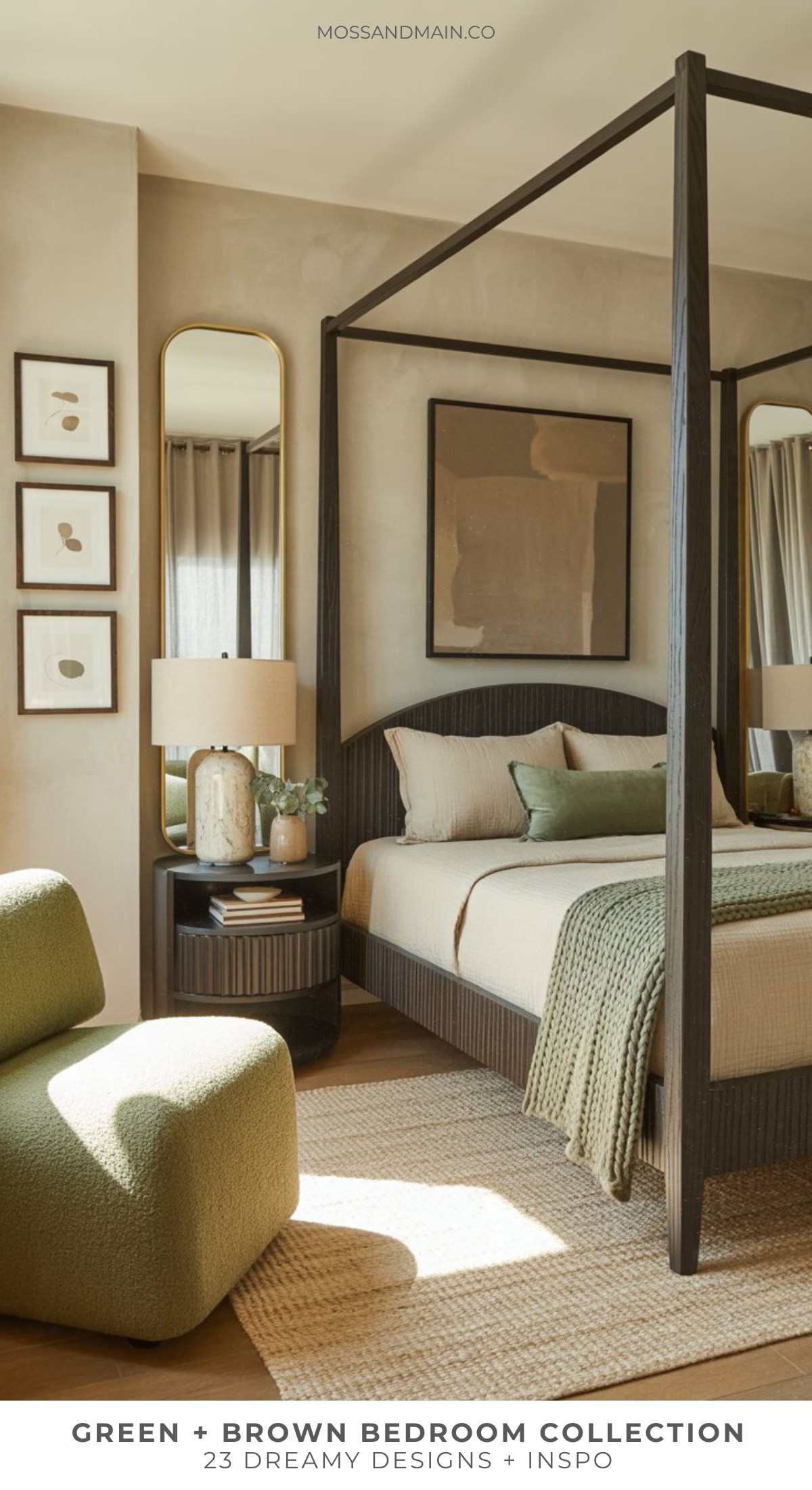 Modern Pinterest-inspired bedroom with a dark wood canopy bed, brown and green bedding, a green accent chair, mirrors, framed wall art, bedside table with lamp, and neutral decor for a cozy modern aesthetic.