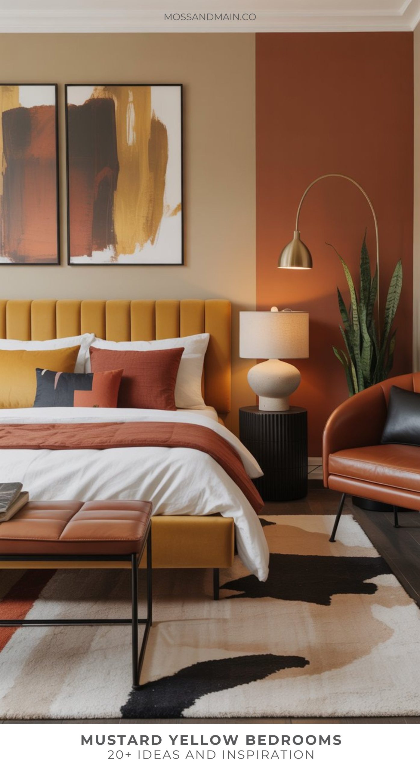 A modern bedroom with mustard yellow bed, rust and white bedding, abstract wall art, gold floor lamp, potted plant, tan armchair, and geometric rug—perfect for fresh bedroom decor ideas. Text reads: “Mustard Yellow Bedrooms: 20+ Ideas and Inspiration.”.