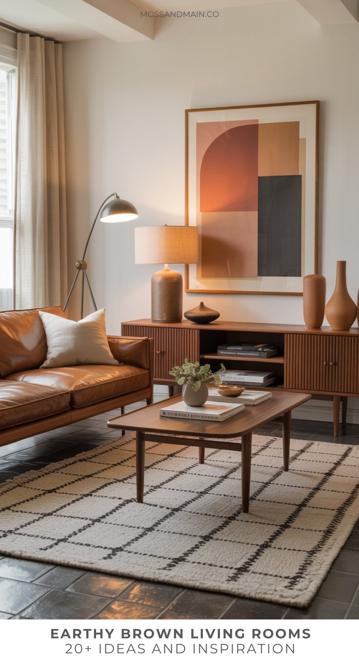 A modern brown living room with a leather sofa, wooden coffee table, patterned rug, sideboard with vases and a lamp, large abstract wall art, and earth-tone decor—perfect for those seeking stylish brown living room ideas. Natural light fills the space.