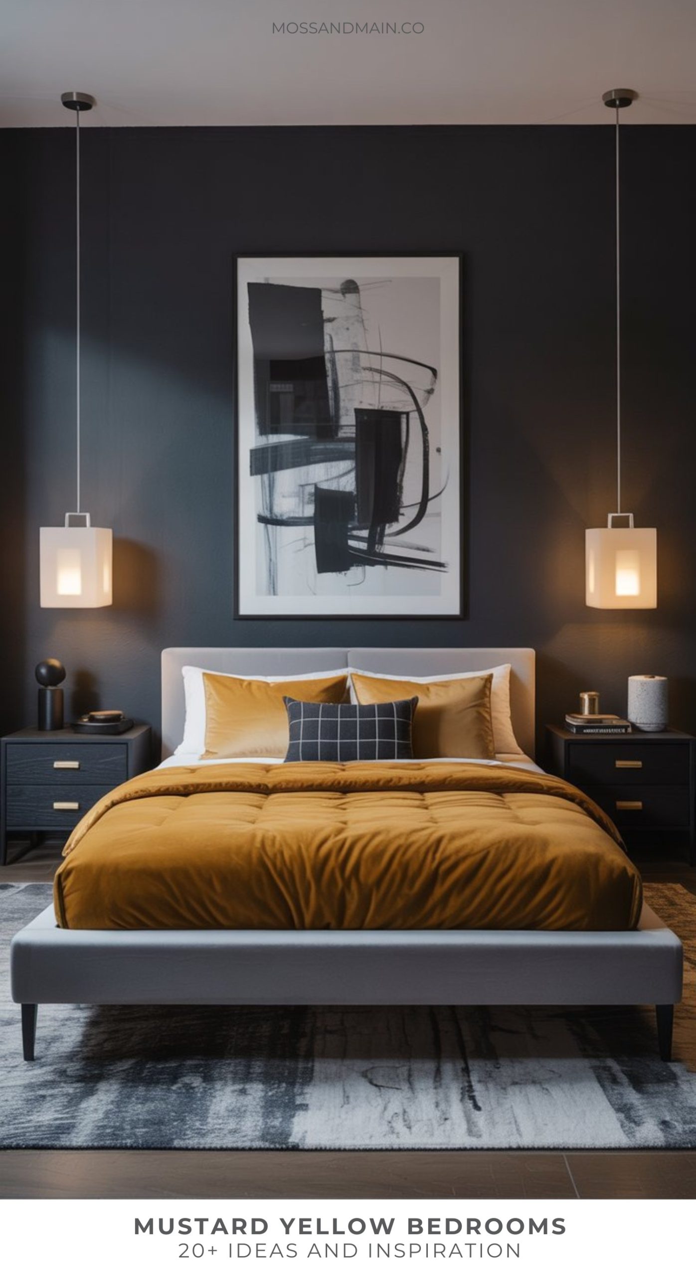 A modern bedroom with a mustard yellow comforter, black accent pillows, dark walls, and abstract artwork offers fresh bedroom decor ideas. Pendant lights and black nightstands complete this stylish, contemporary mustard yellow bedroom.