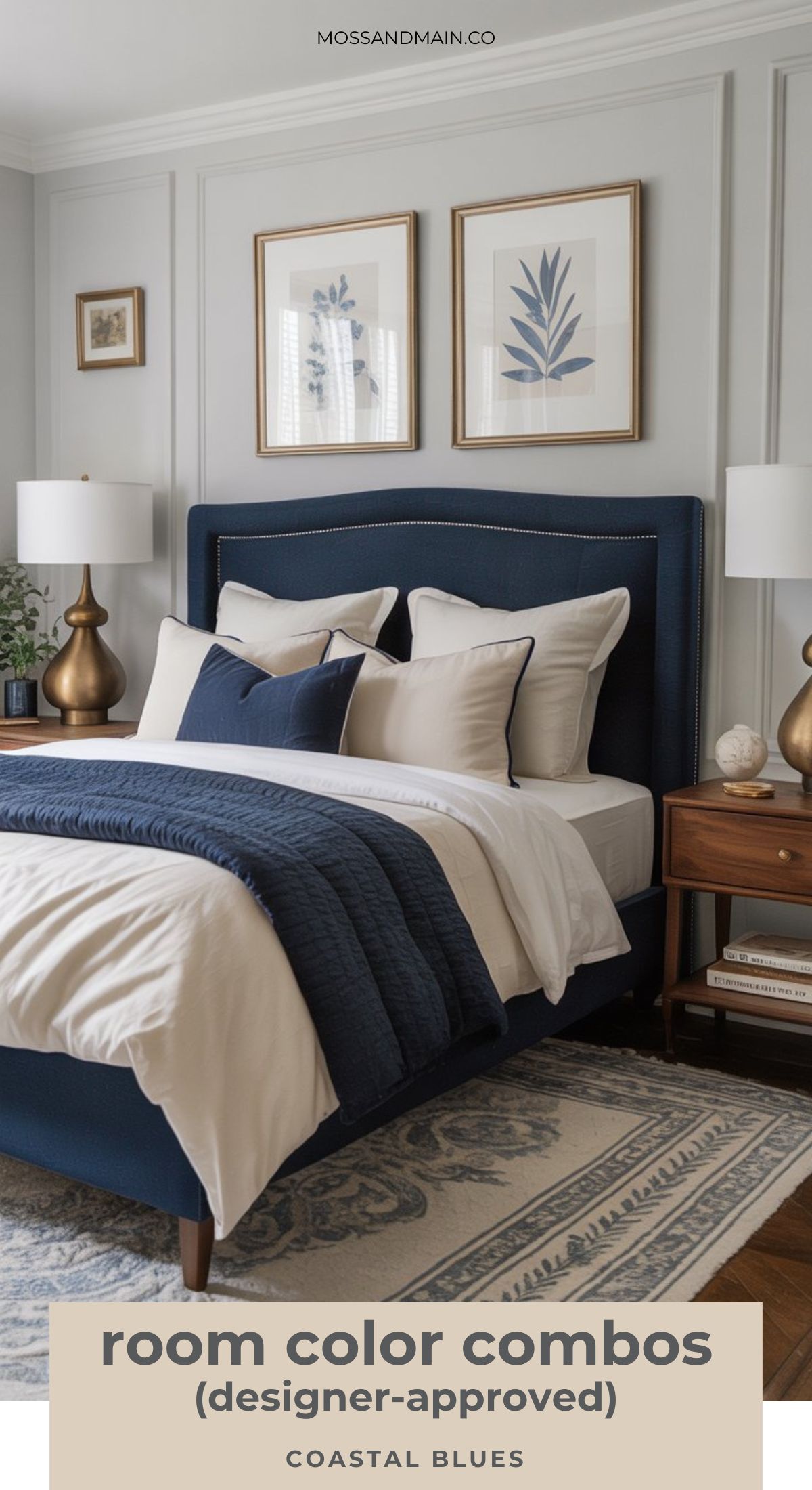 A stylish bedroom features a navy blue upholstered bed with white and navy bedding, wooden nightstands, gold lamps, botanical wall art, and a blue patterned rug—perfect for fans of designer-approved color palettes in interior design. Text reads: room color combos COASTAL BLUES.